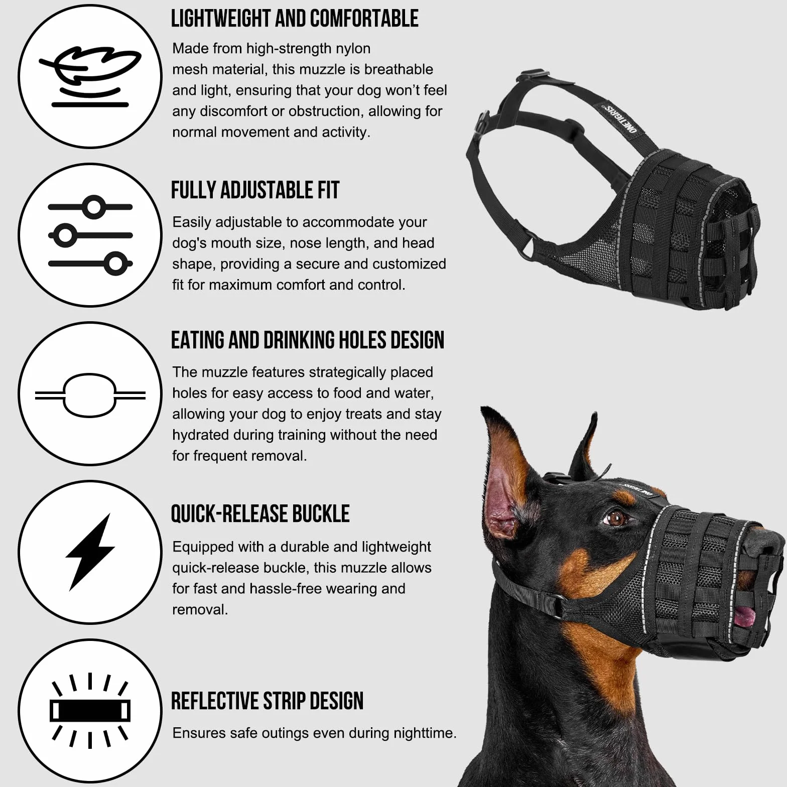 OneTigris Muselières pour Chiens, Maille Respirante Nylon, Museliere pour Chiens Ajustable avec Sangles Velcro, Respectueuse du Chien Qui Peut Haleter Et Boire, Museliere Anti Aboiement, XL