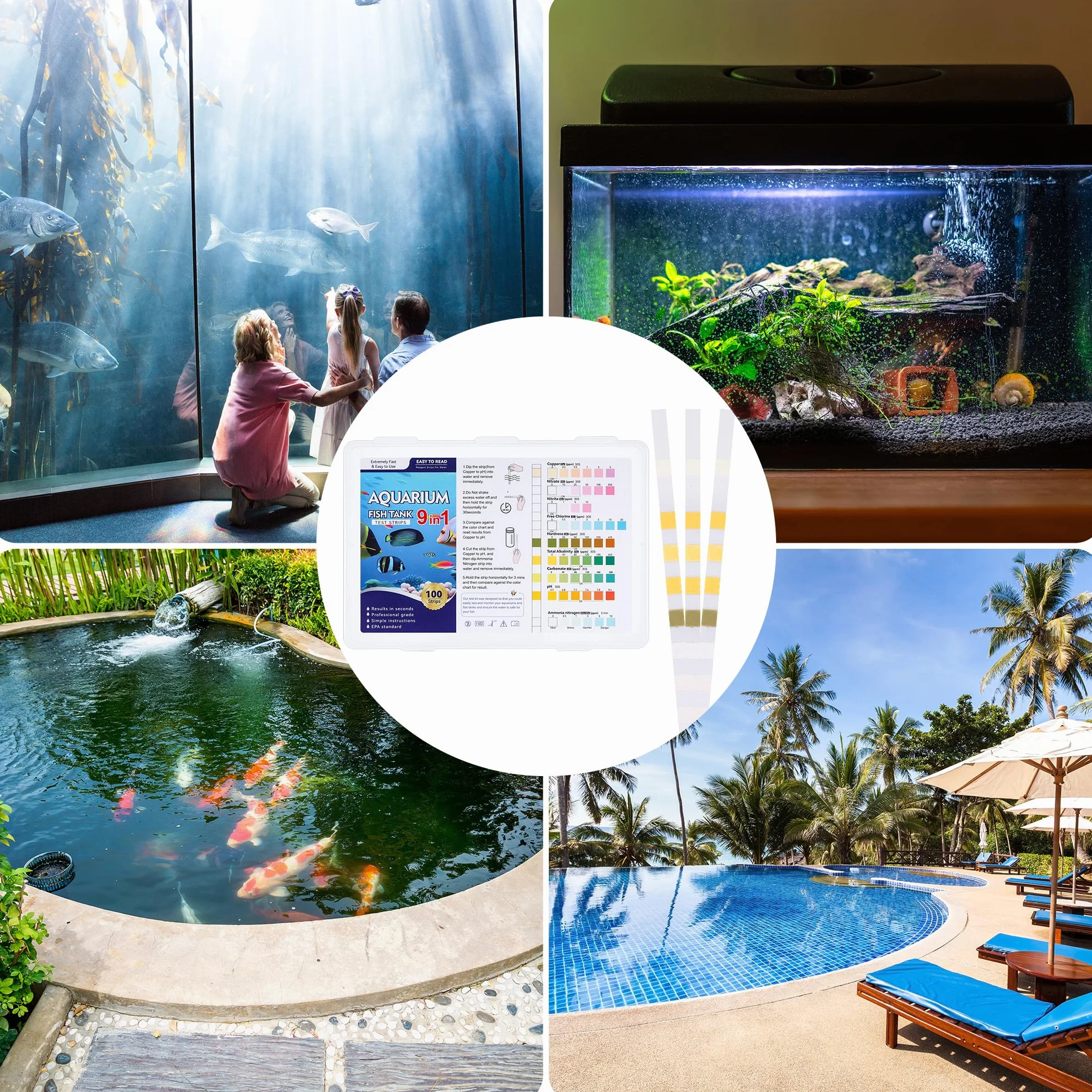 9 en 1 Bandelettes de Test pour Aquarium, Test d'eau Aquariophilie - Ammoniac, Nitrate, Nitrite, Chlore, pH, Dureté, Alcalinité, Cu - 100 Pièces
