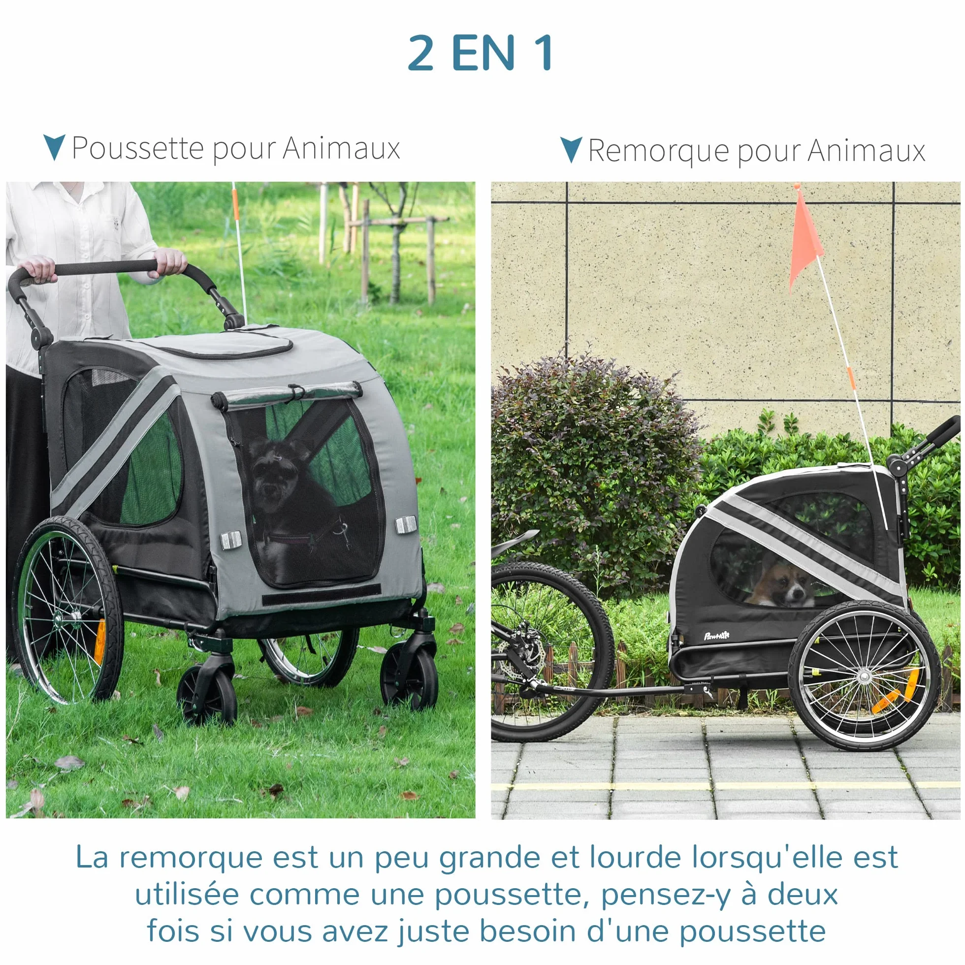 PawHut Remorque à vélo pour Chien Convertible Jogger 2 en 1 avec Drapeau réflecteurs