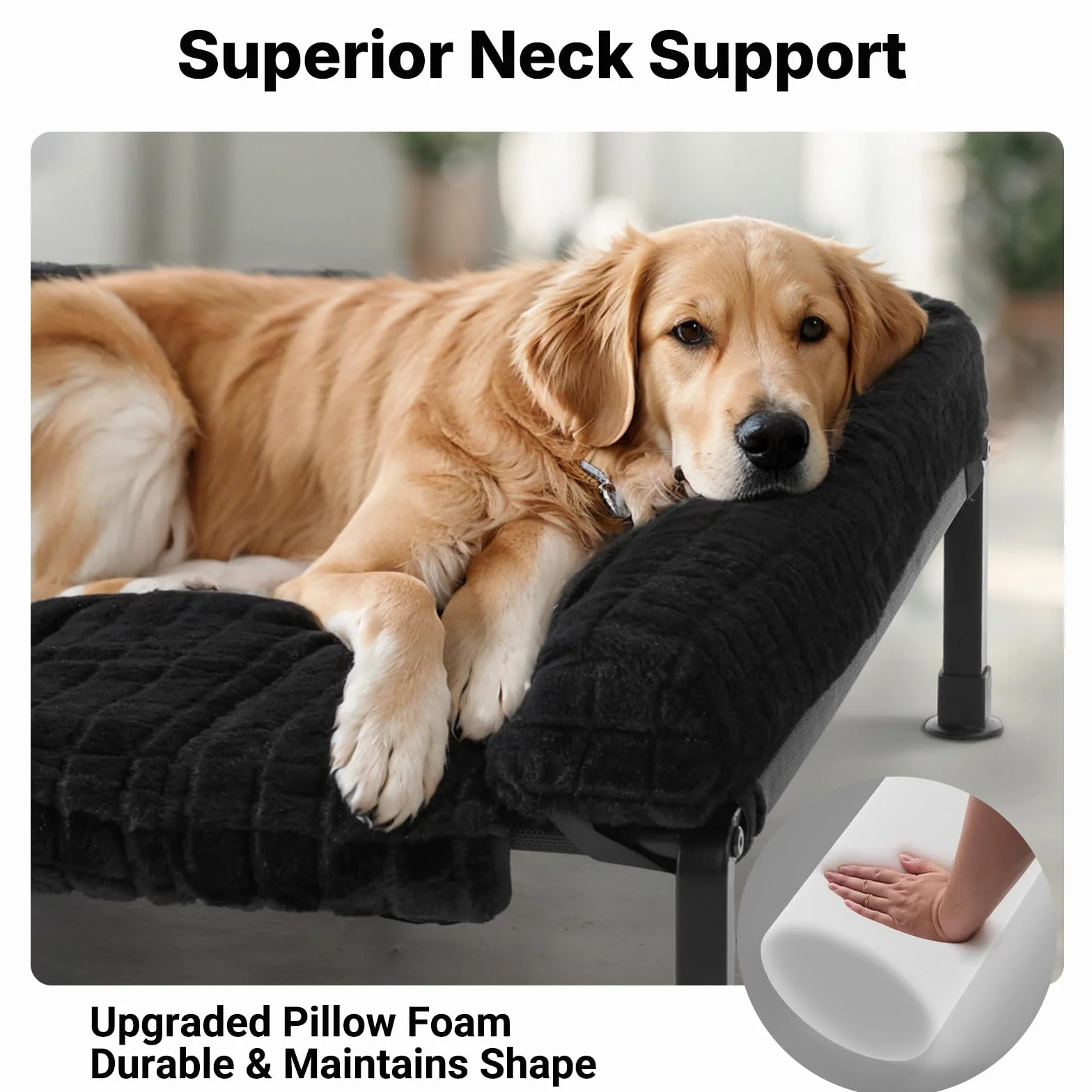 Veehoo Lit Chien Sureleve XXL Dehoussable Lavable, Moelleux Transat Chien avec Coussin Amovible, Lit Ccanapés Surélevé pour Chiens avec Pieds Antidérapants, Noir 150 x 94 x 20 cm