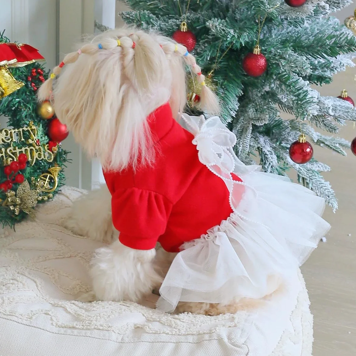 Robe de Noël pour Animal de Compagnie Motif Tulle Rouge et Blanc avec Nœud Tenue de Vacances pour Petits Chiens et Chats XL (5-7.3kg)