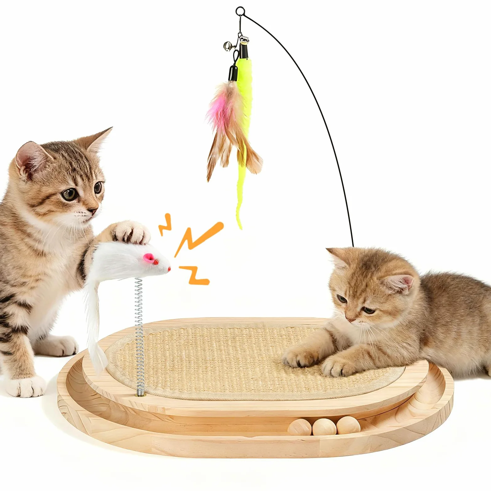 Griffoir pour Chat en Sisal Naturel Jouet Interactif pour Chaton | Tapis Grattoir avec Piste à Balle et 3 Jouets en Peluche, Chasser et Griffer, Griffoir Rond en Bois pour Intérieur
