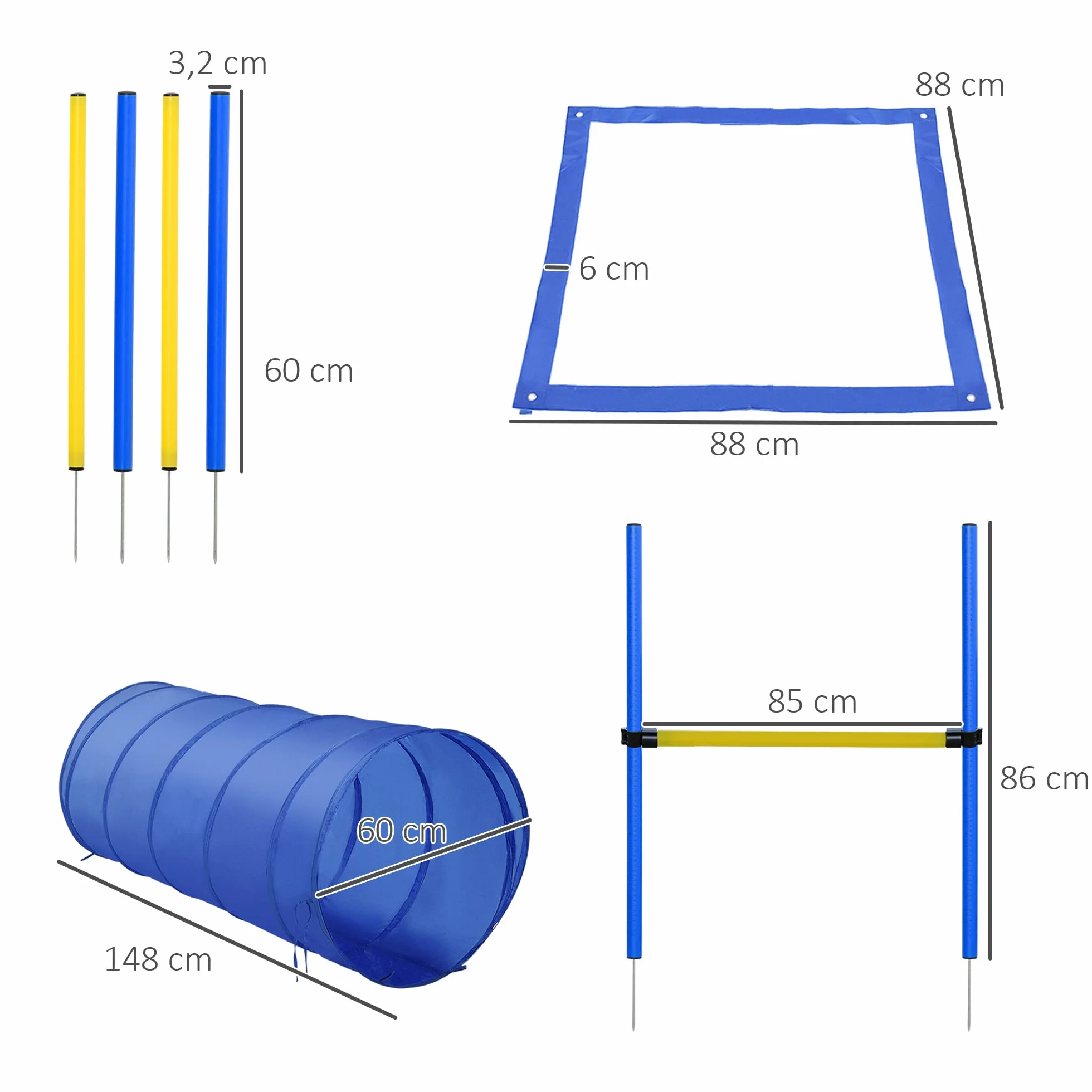PawHut Agility Sport pour Chiens - Équipement Complet avec Tunnel, Slalom, Zone Repos et 2 Sacs de Transport Bleu Jaune