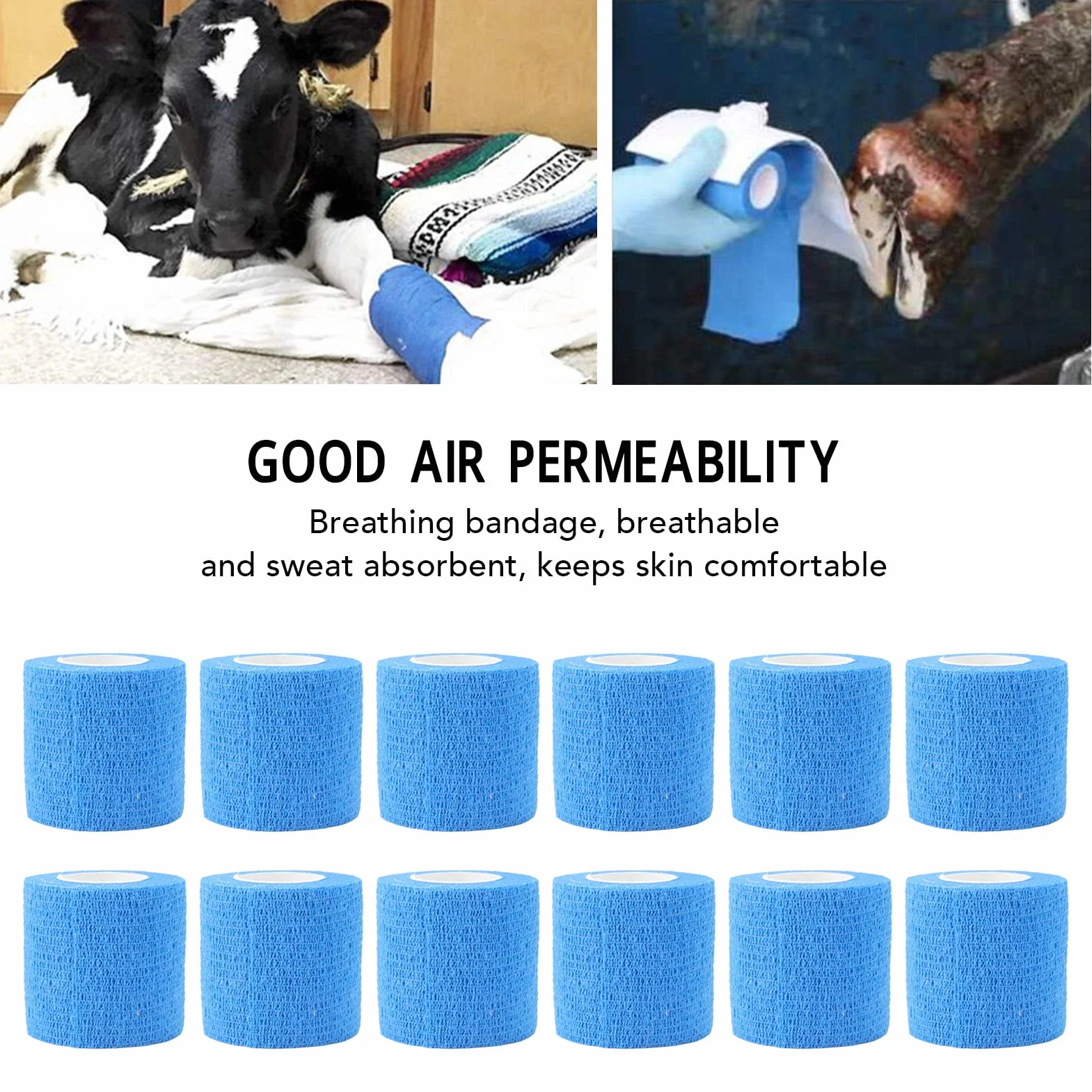 Lot de 12 Bandes élastiques Auto-adhésives imperméables pour réparation de Sabots pour Vaches, Chevaux, Chiens, Chats, Polyester Non tissé, Longueur 4,5 m, Lot de 12 (Bleue)