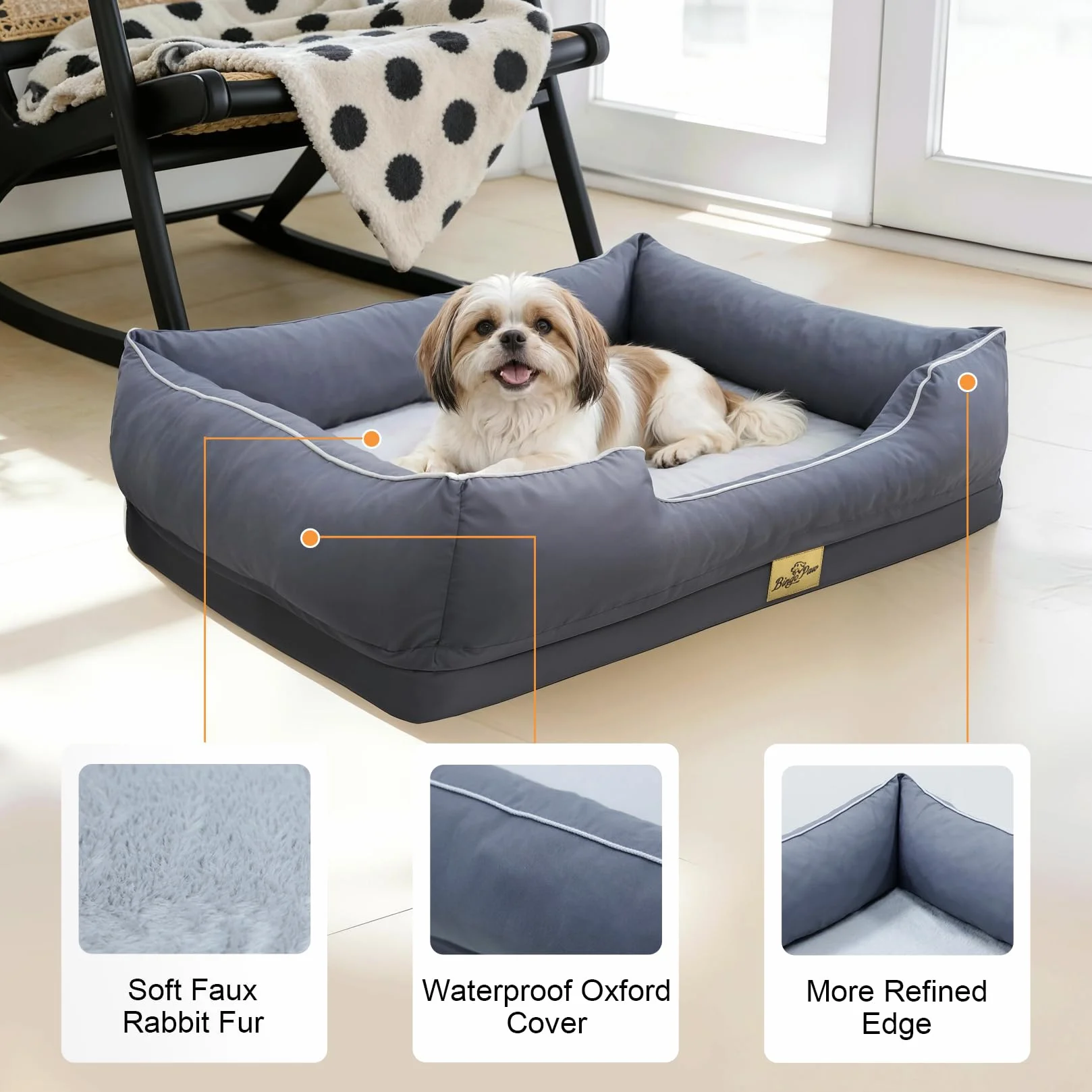 Panier Orthopédique pour Chien 77x63x18cm Coussin Déhoussable Lavable Mémoire de Forme Anti-dérapant Gris