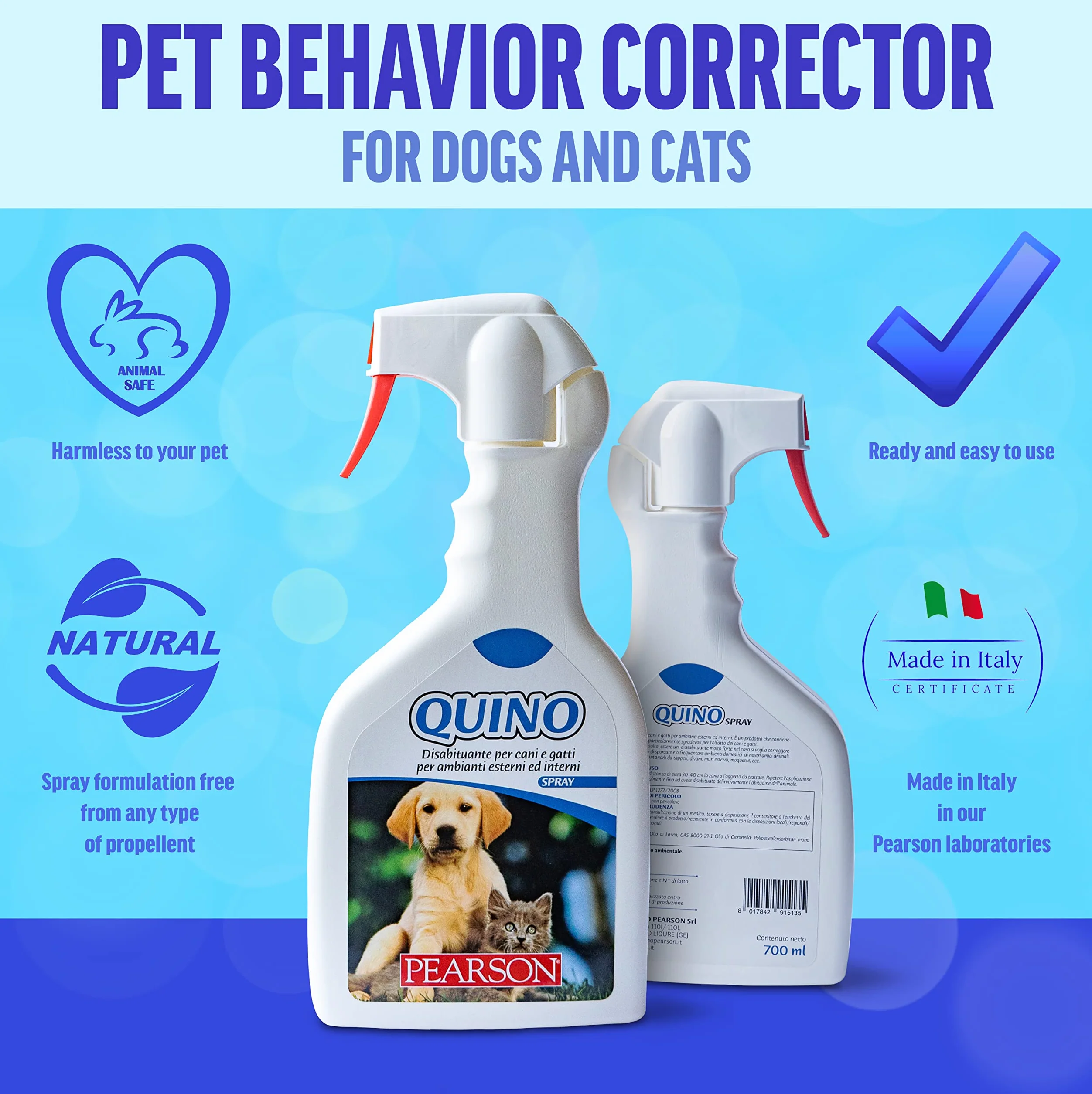 PEARSON Repulsif Chat Exterieur et Intérieur 700ML, Anti Urine Chat Chien, Spray Dissuasif Made in Italy