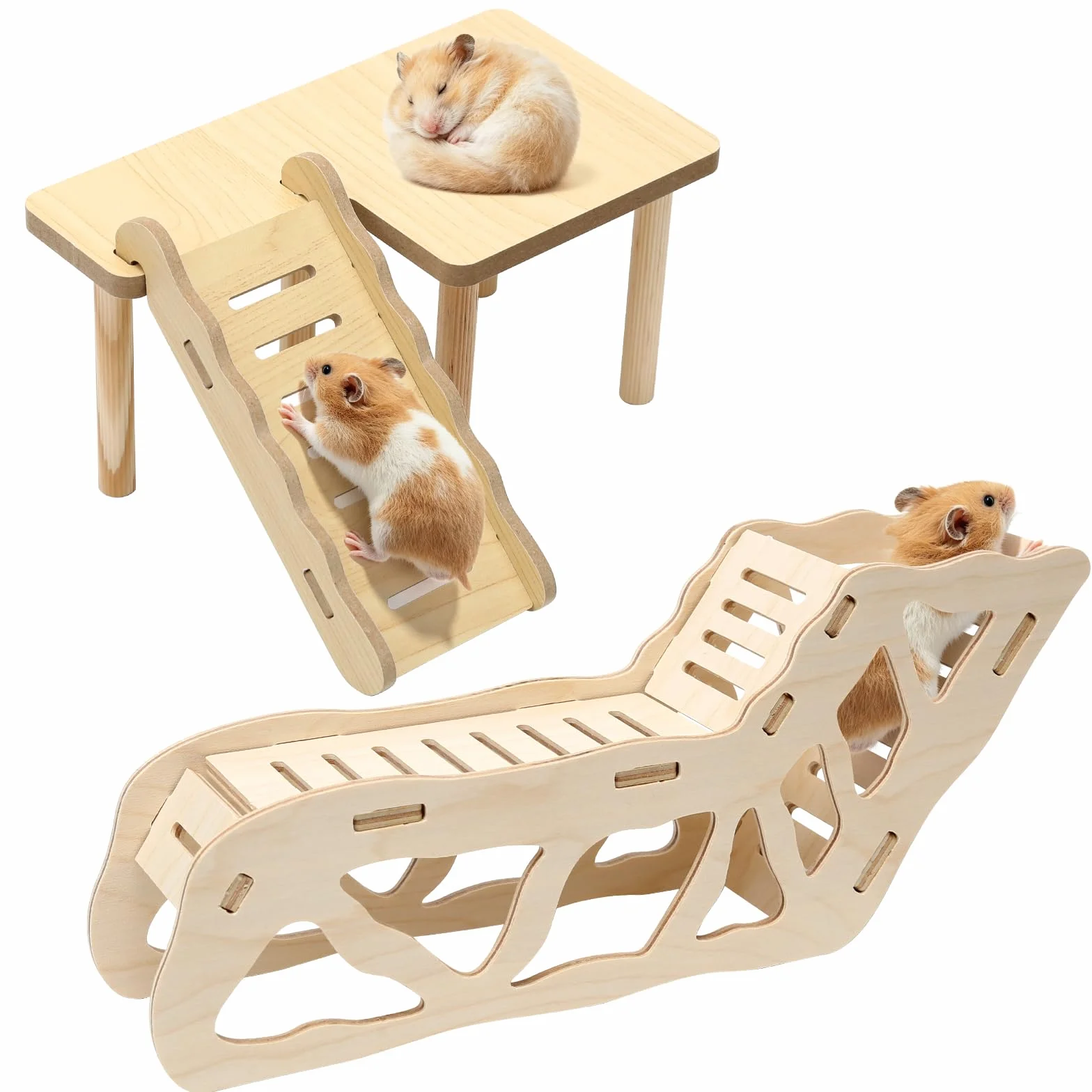 Plateforme en Bois pour Hamster avec Échelle d'escalade et Tunnel, Set Plateforme pour Petit Animal de Compagnie, Hamster Russe Doré Syrien Nain, Jouet à Mâcher Accessoire Cage