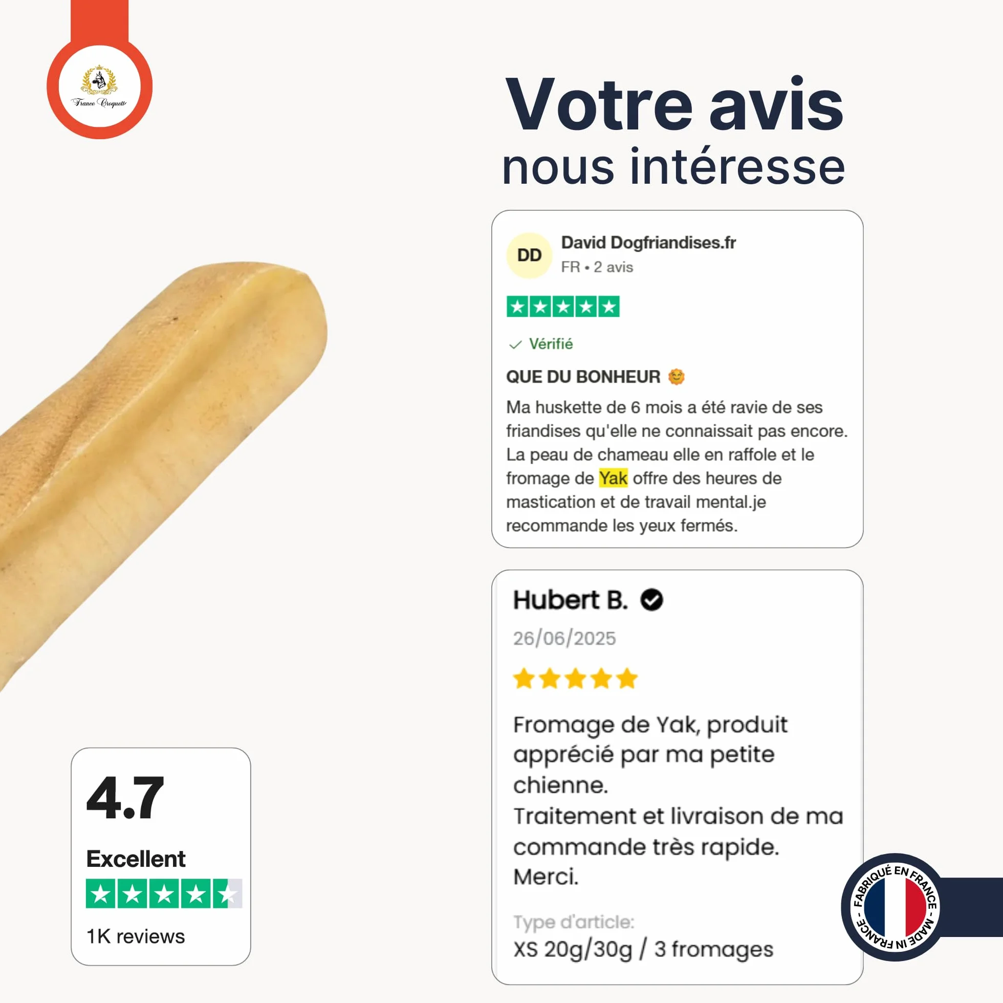 Fromage de Yak M 60-90g friandise naturelle à mâcher pour chien moins de 20kg