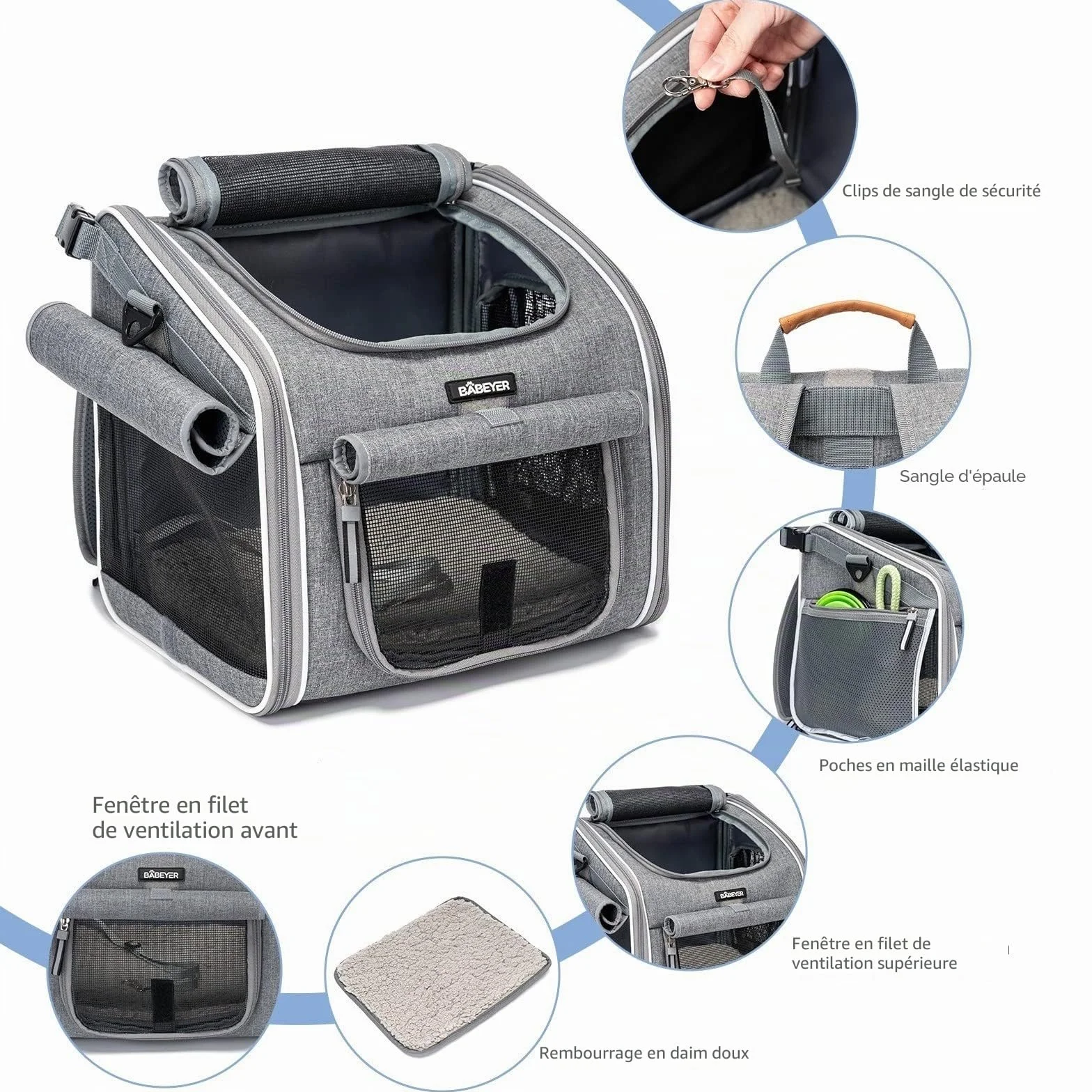 Panier de vélo pour chien sac à dos transport souple extensible 4 portes 4 fenêtres en maille gris