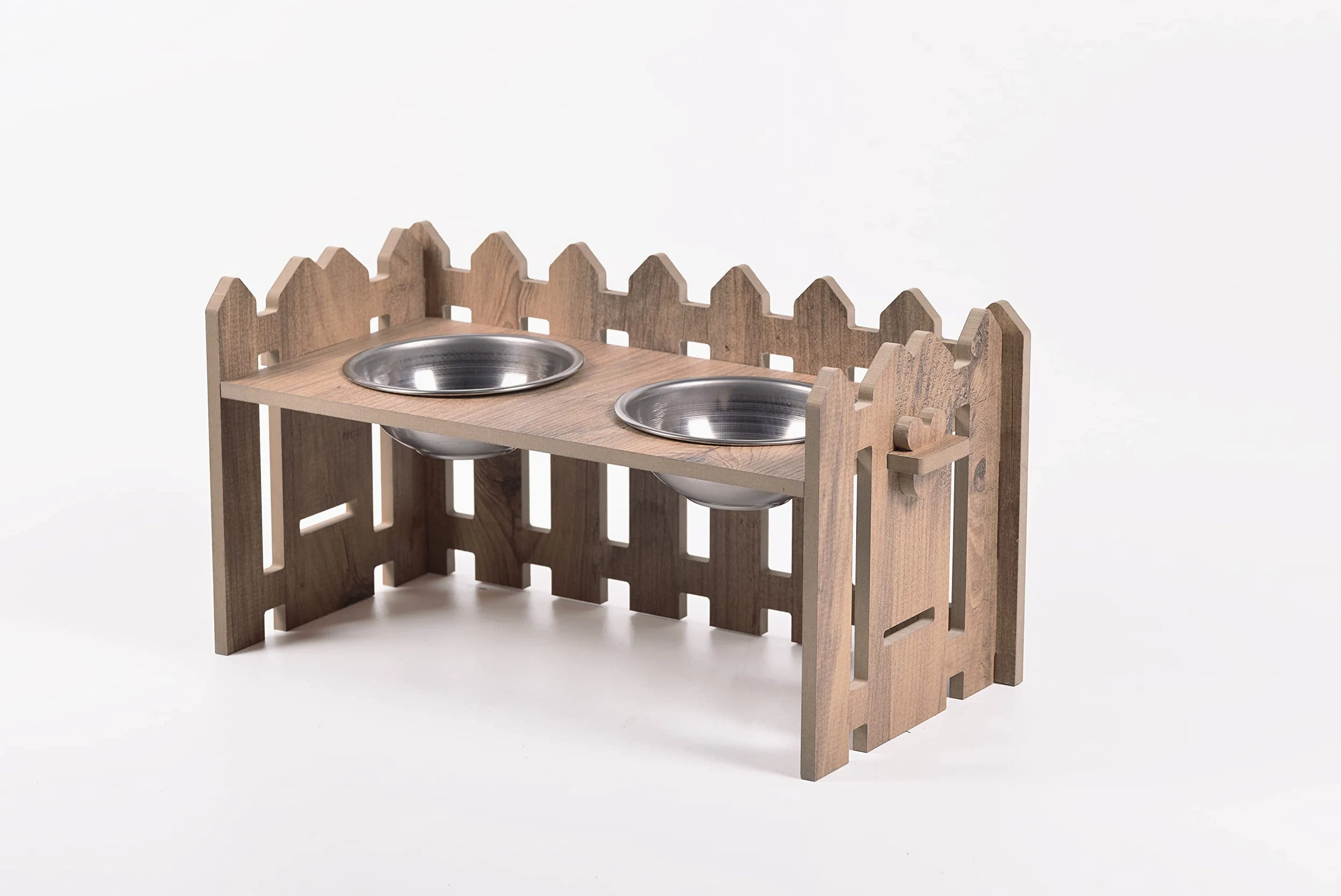 Lot de 2 supports en bois avec gamelles en céramique pour animaux domestiques et chats - Style clôture - Double gamelle en acier inoxydable