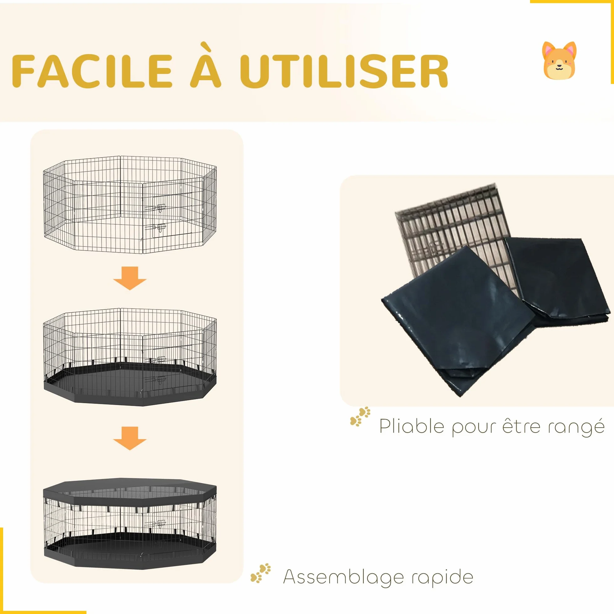 PawHut Parc pour Chien 8 Panneaux Pliables avec Porte Acier 61x61 cm Noir