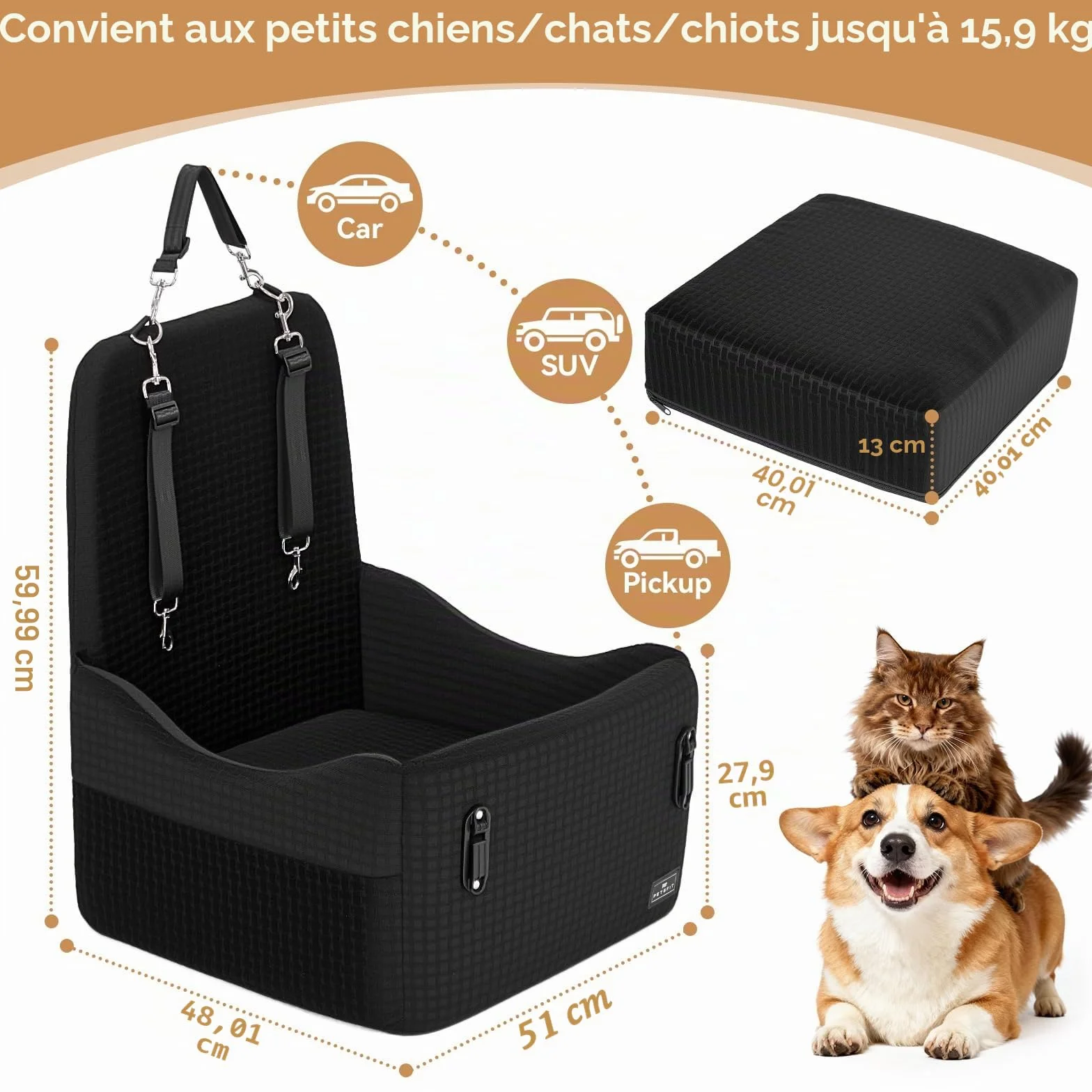 PETSFIT Siège Auto pour Chien jusqu'à 15kg – Système de Sécurité Breveté, Coussin Mémoire de Forme 13cm, Housse Lavable, Noir & Gris