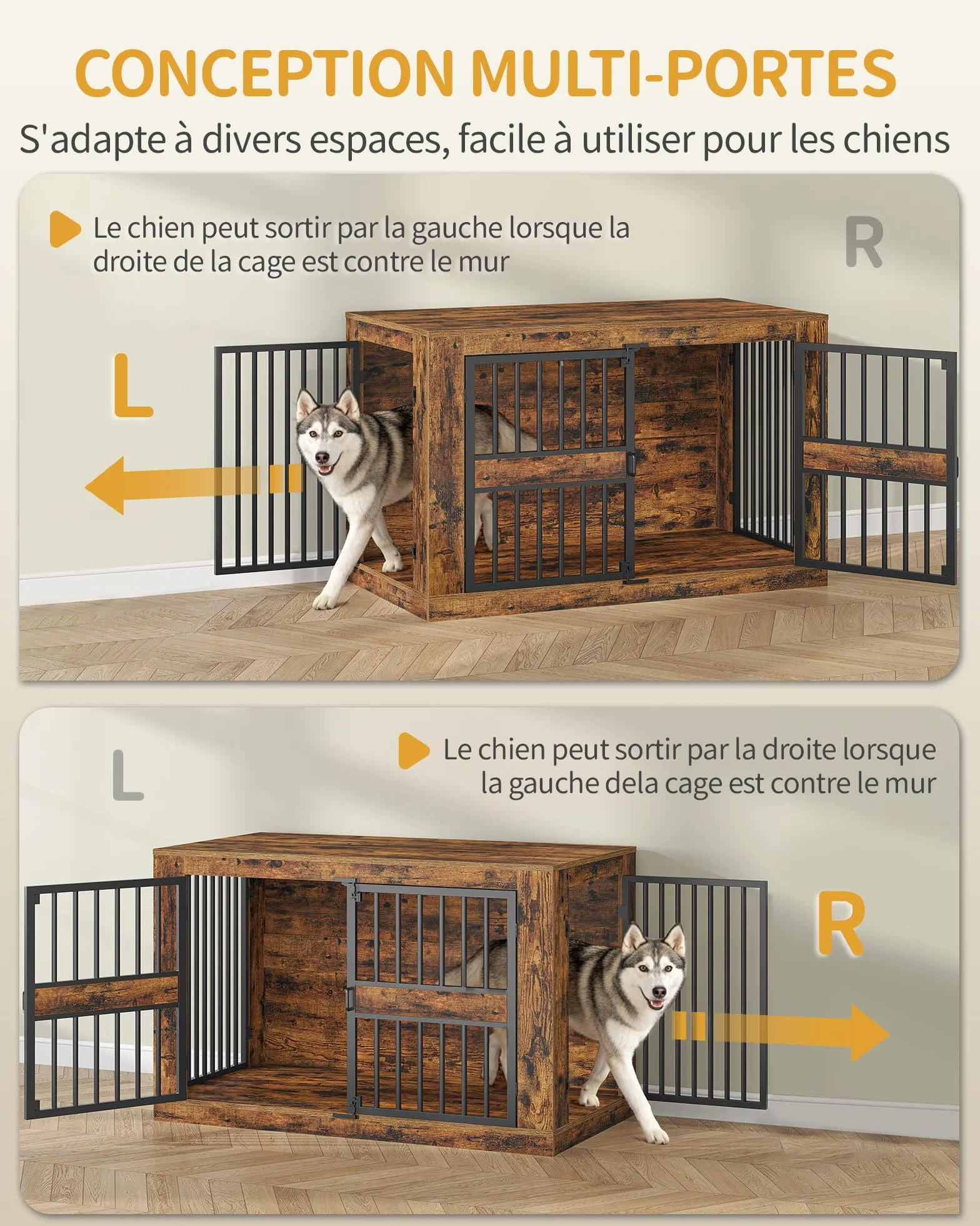 Cage pour Chien 120 cm Niche d'Intérieur en Bois Design Moderne 4 Portes XXL Table d'Appoint Marron Rustique