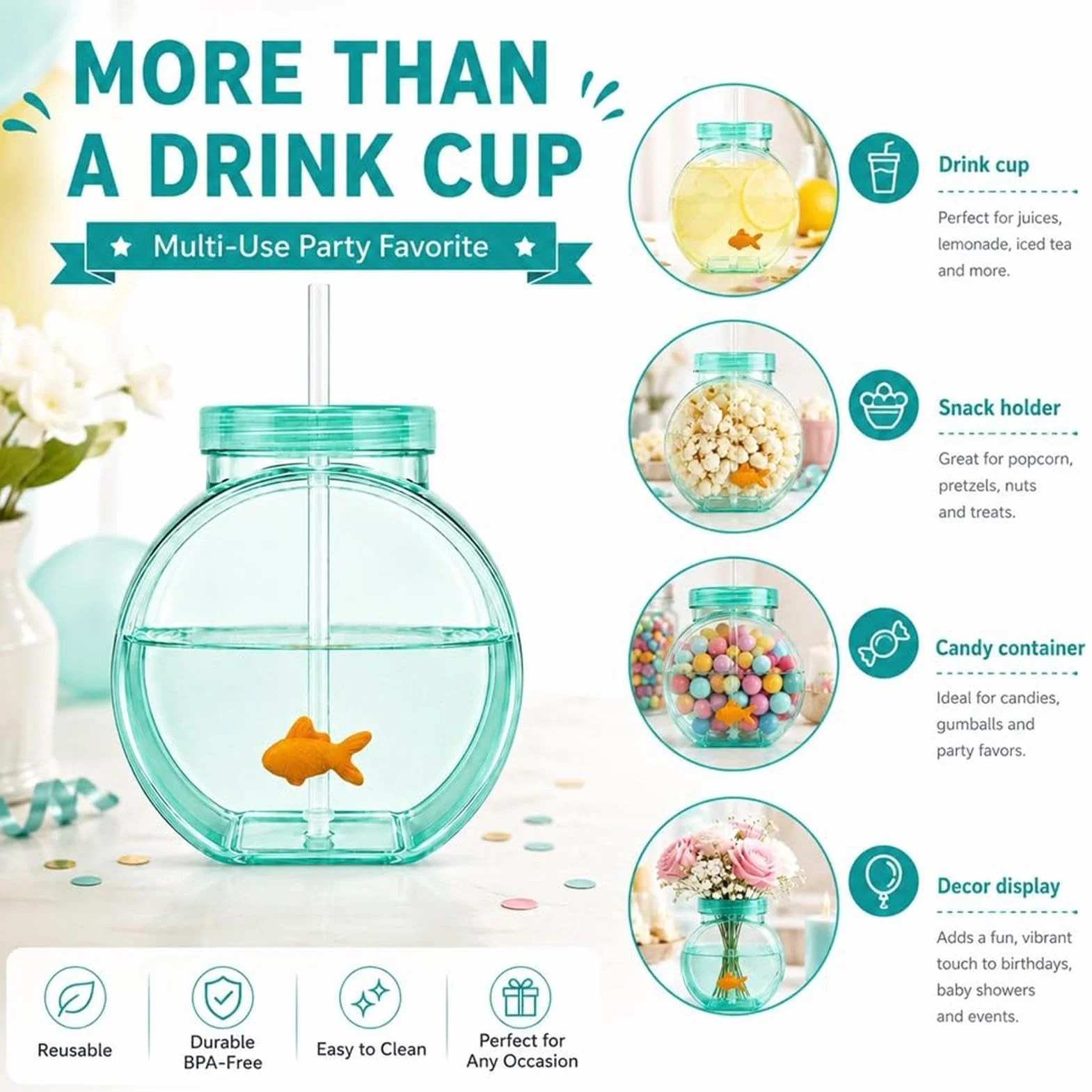 Bols à poisson pour boissons portables réutilisables avec paille et couvercle pour cocktail jus soda