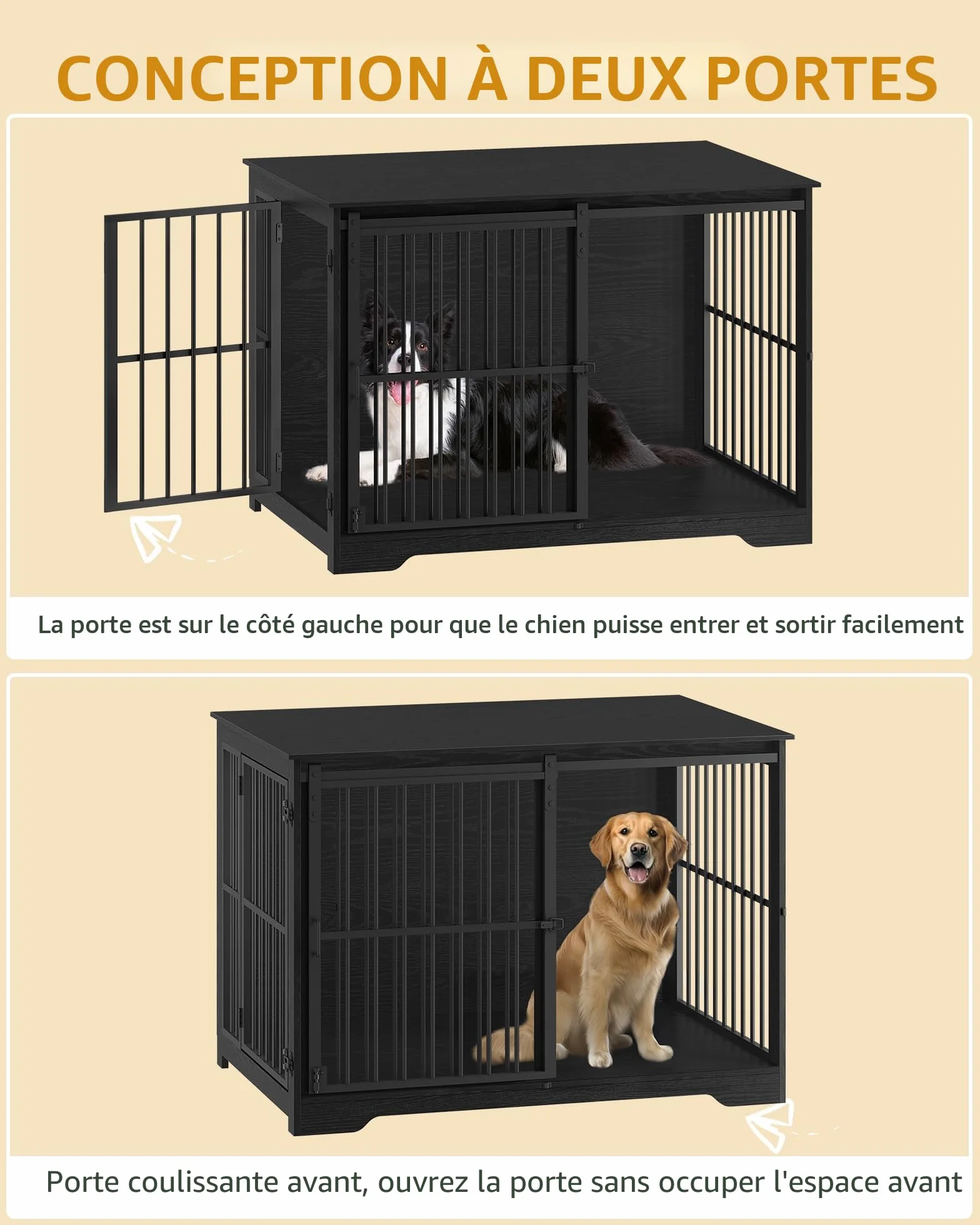 Hzuaneri Cage pour Chiens 110cm Table d’Appoint Niche Moderne 2 Portes 110 × 65 × 81 cm Noire