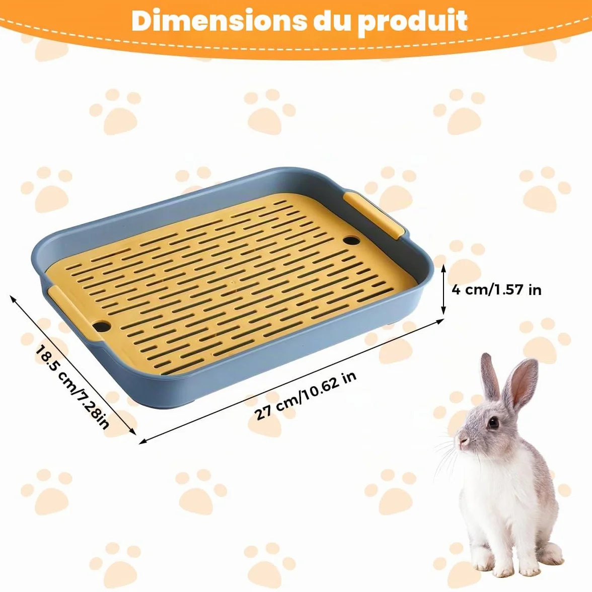 Bac Litière Rectangle pour Lapin, Hamster, Cochon d'Inde 27x18.5x4 cm Plateau avec Grille