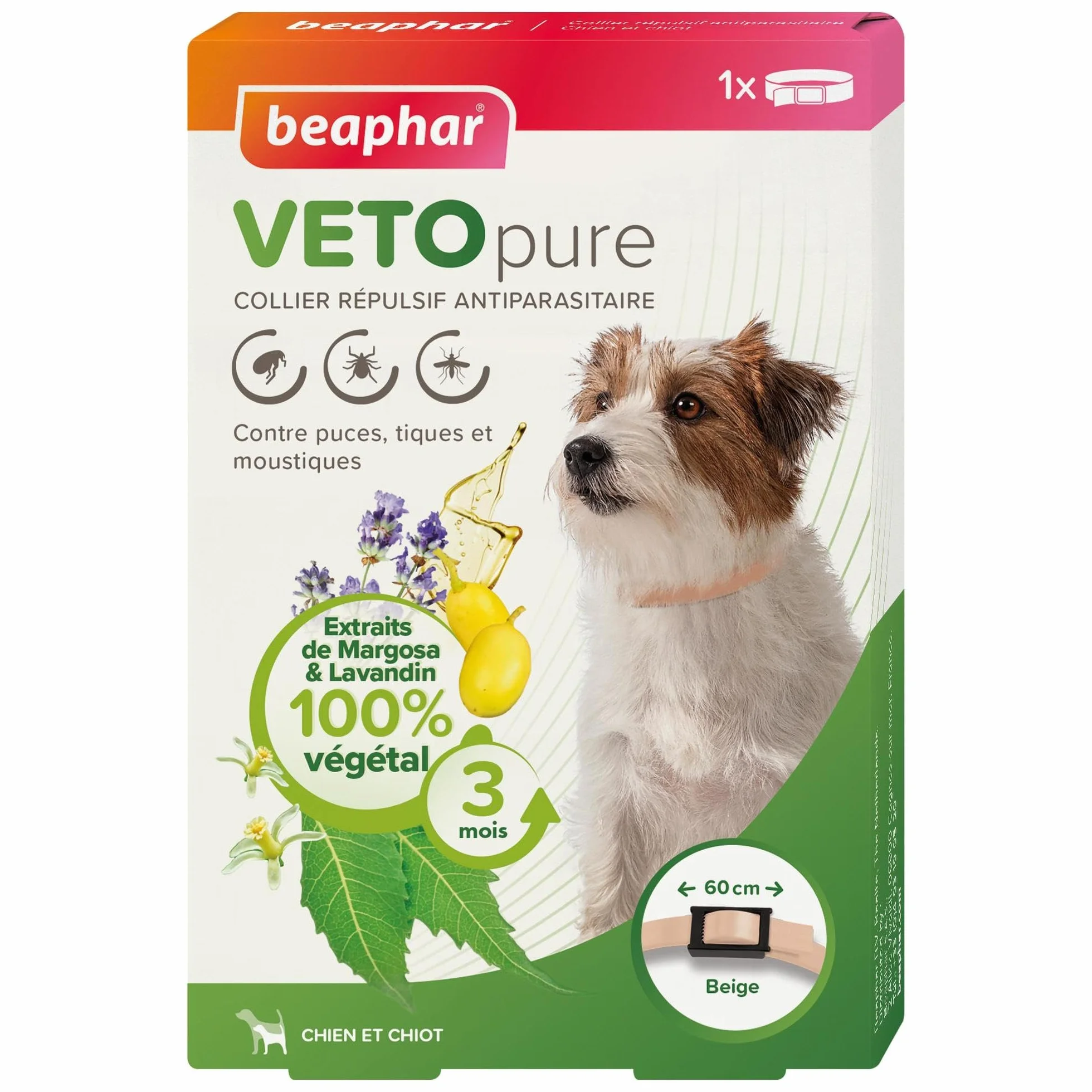 BEAPHAR – VETOPURE – Collier répulsif antiparasitaire pour Chien et Chiot – Aux extraits de Margosa & de Lavandin – Contre Les puces; tiques et moustiques – Protection 3 Mois – Collier Beige de 60cm