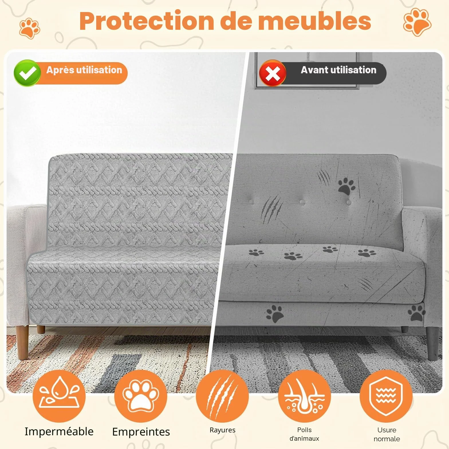 Couverture Chien Imperméable 100x75cm Flannel Réversible Lavable Machine Gris