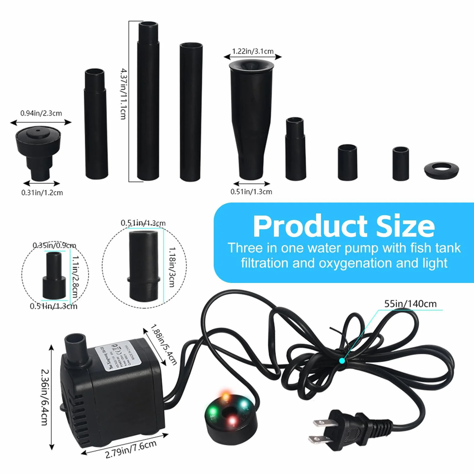 Pompe de fontaine extérieure 600 L/h 15 W 220 V 3 en 1 avec 4 LED