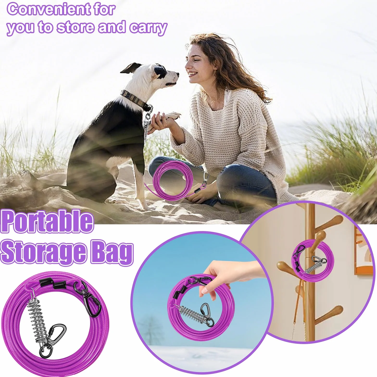 Câble d'attache pour Chien 9 m avec Crochet Verrouillable à Ressort, Laisse Réfléchissante Anti-Morsure, Sac de Rangement (Violet)
