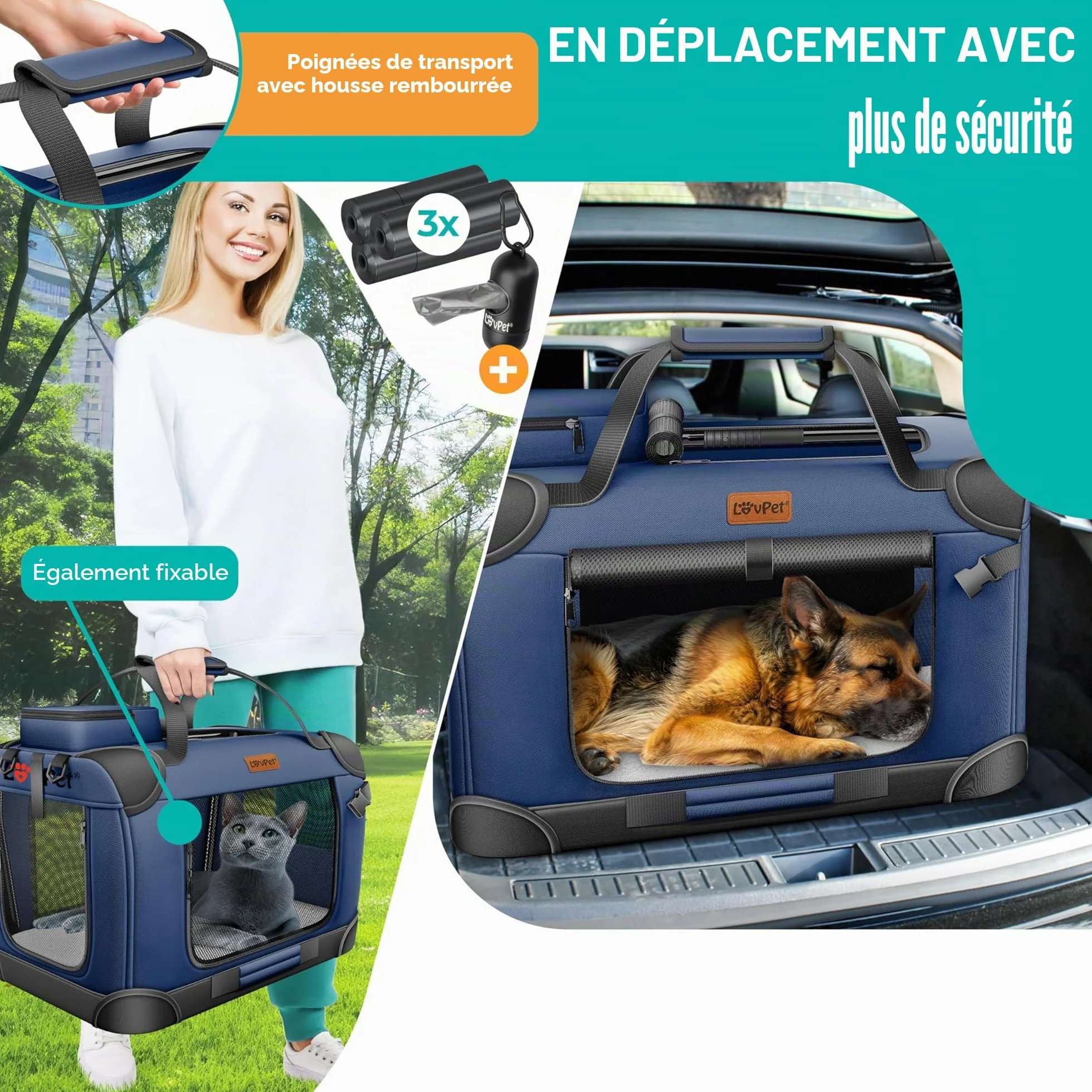Lovpet Boîte de transport pliable pour chien XXL 91,4 x 63,5 x 63,5 cm Bleu marine