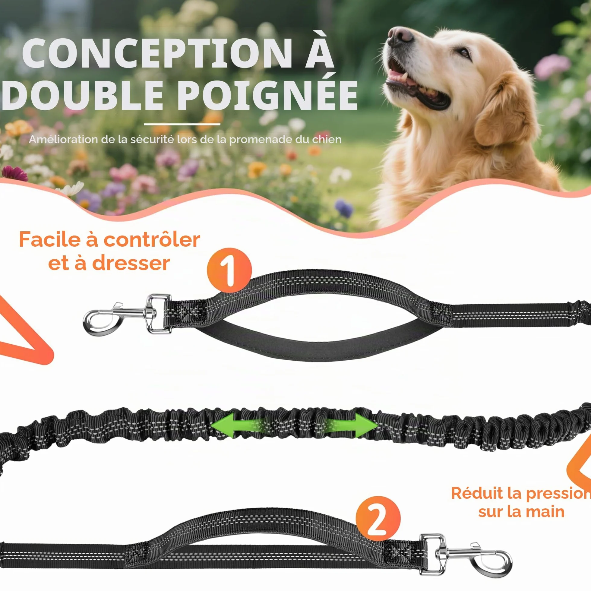 Laisse Canicross Chien Main Libre Longe Jogging Élastique 160-220cm Anti-tirons Réfléchissante Ceinture Réglable Double Poignée