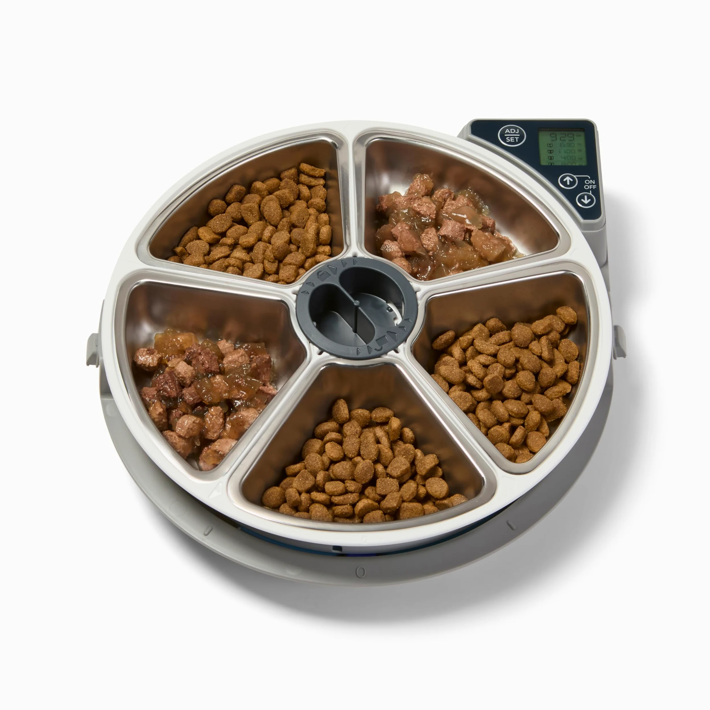 Closer Pets C500 Mangeoire automatique à 5 repas pour animaux de compagnie, avec gamelles en acier inoxydable, minuterie numérique et deux blocs de glace, pour nourriture humide et sèche, bols jusqu'à
