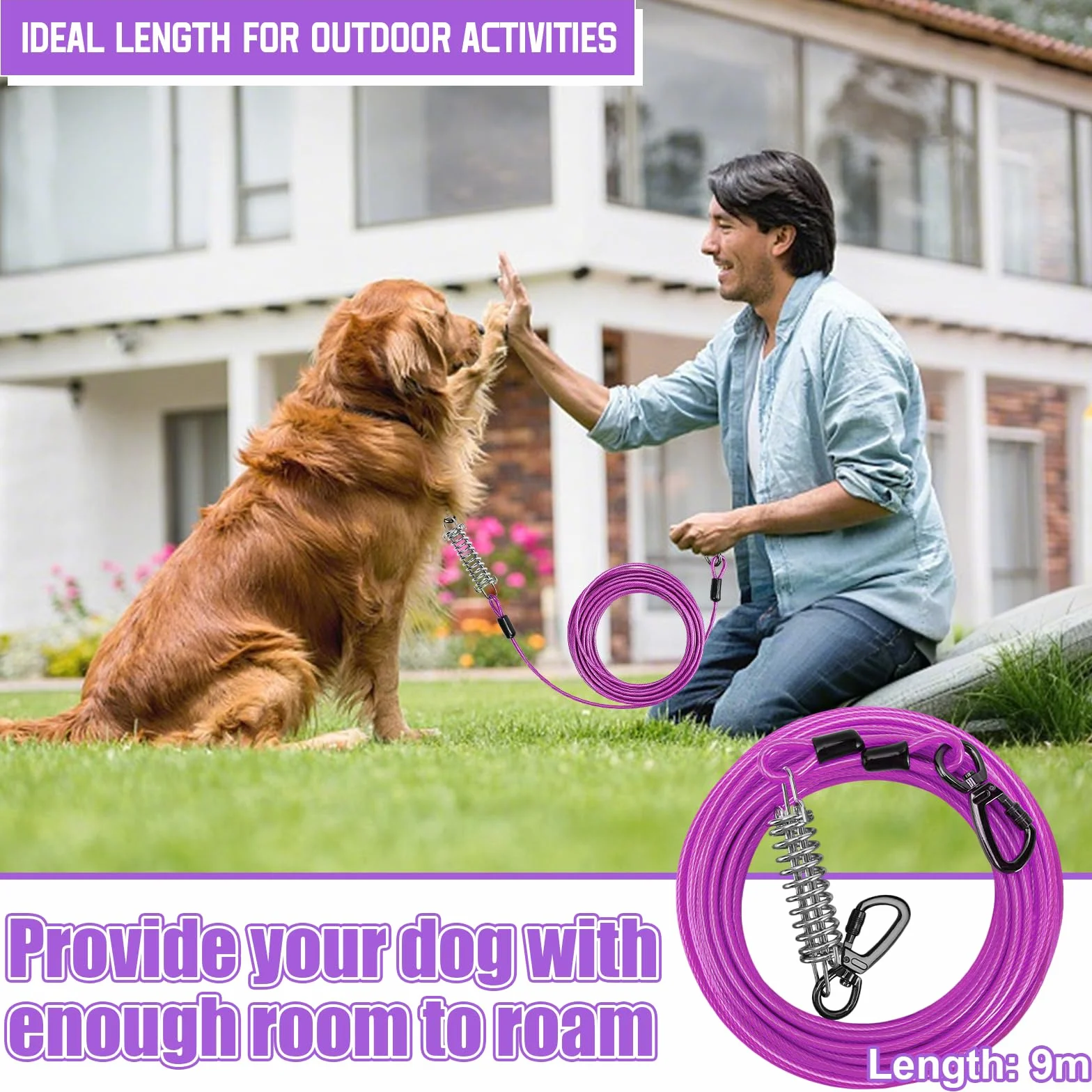 Câble d'attache pour Chien 9 m avec Crochet Verrouillable à Ressort, Laisse Réfléchissante Anti-Morsure, Sac de Rangement (Violet)