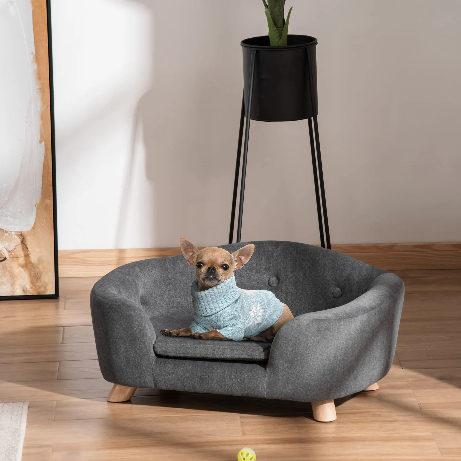 PawHut Canapé Lit Panier Chien Chat Pieds Bois Massif 70x47x30 cm Gris Anthracite