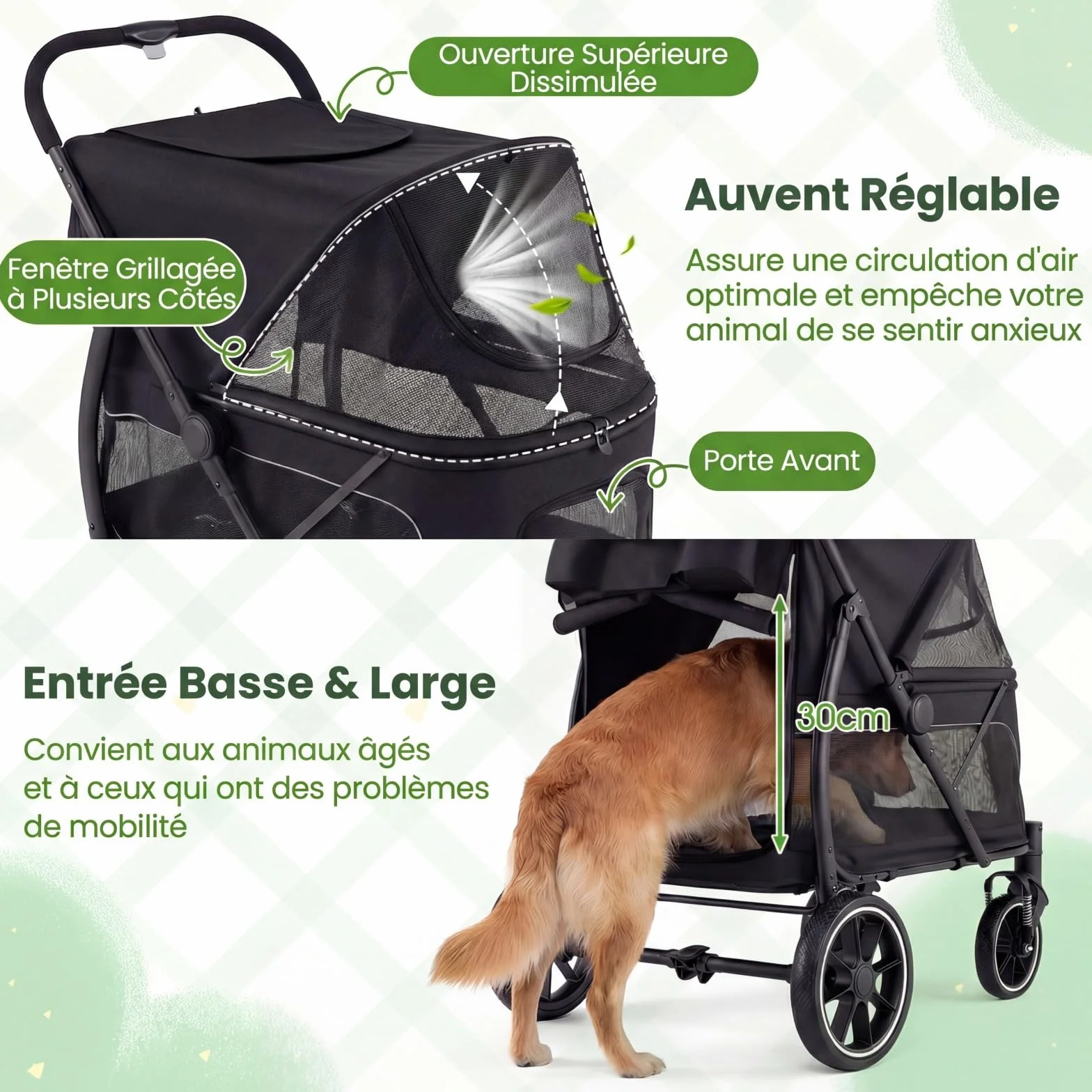 COSTWAY Chariot pour Chien Chat Pliable, Charge 40 kg, Grand Entrée Basse, Noir