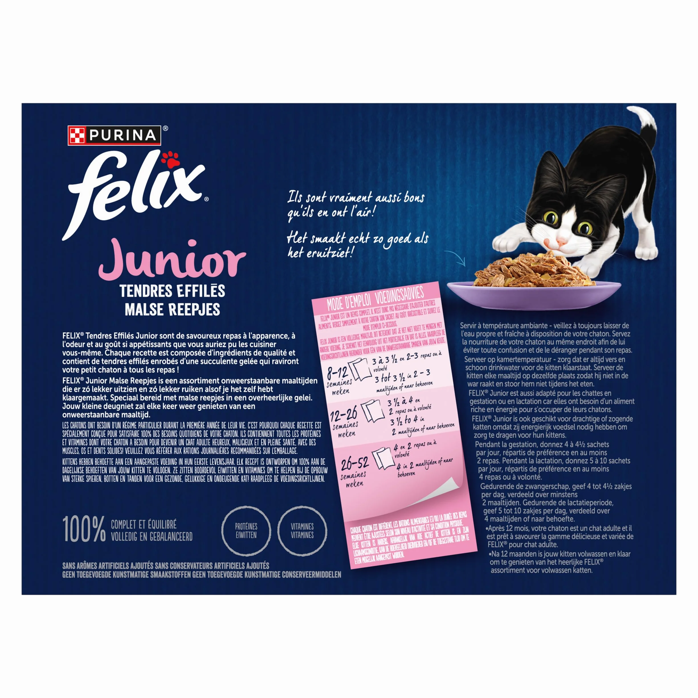 PURINA Felix Tendres Effilés Junior Aliment Complet pour Chatons Stérilisés Poulet Boeuf Saumon Truite Gelée Portion Individuelle 12 x 85g