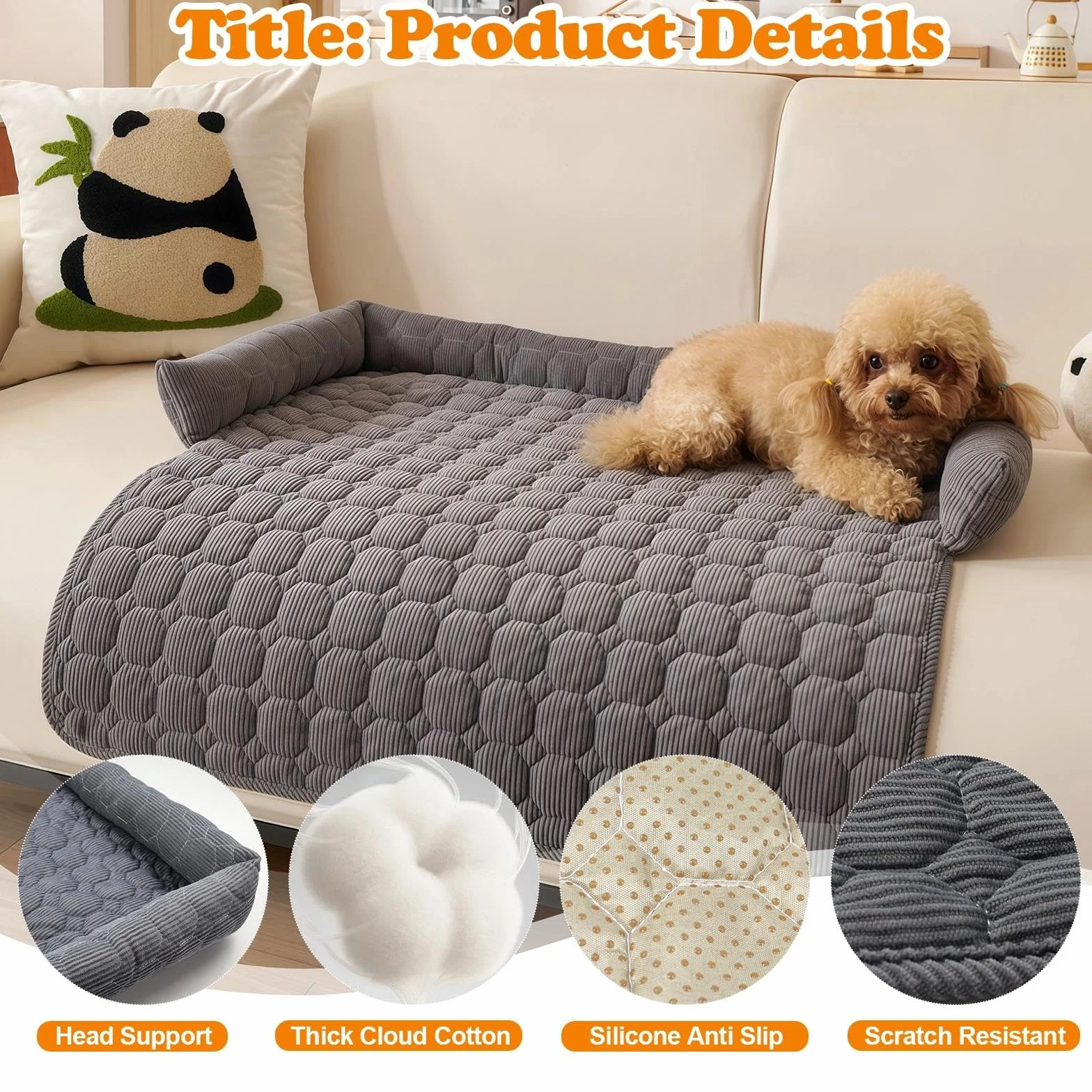 Panier Chien Lavable Déhoussable Antidérapant 75x75 cm Gris Foncé