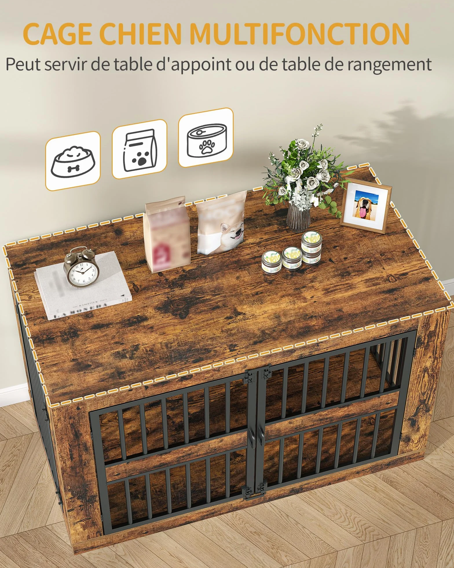 Cage pour Chien 120 cm Niche d'Intérieur en Bois Design Moderne 4 Portes XXL Table d'Appoint Marron Rustique