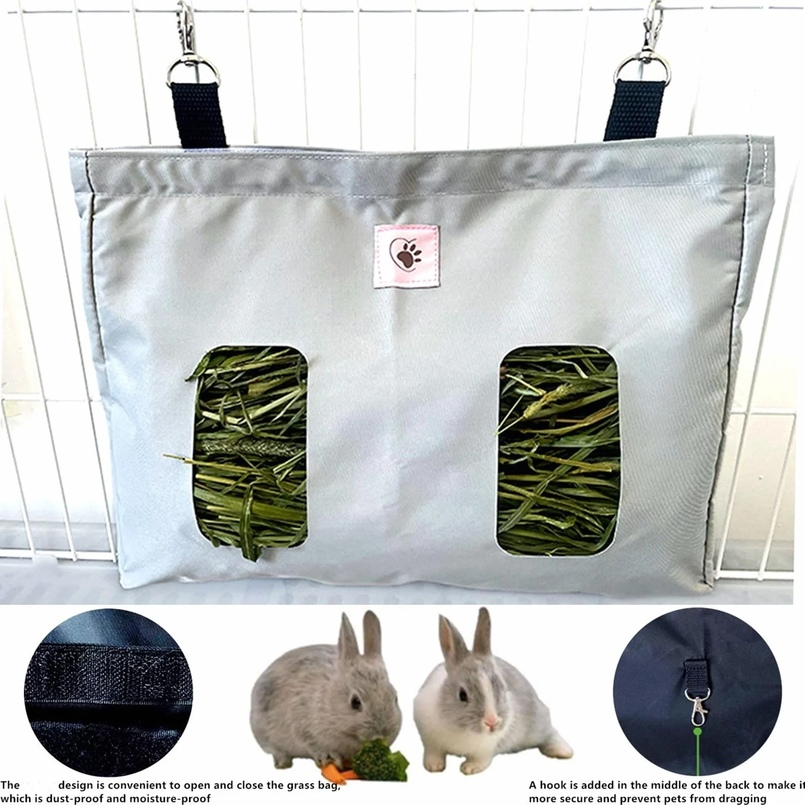Sac à Foin pour Lapin Cavies Hamsters Chinchillas 2 Ouvertures Gris