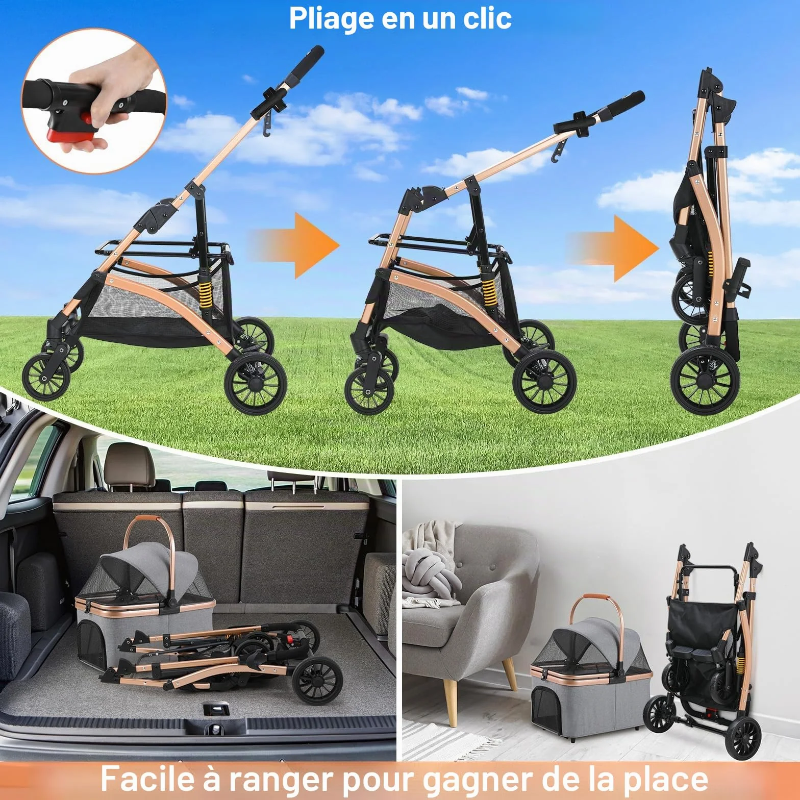 MAMIZO Poussette Chien 3-en-1 Pliable, Panier de Rangement, Fenêtre en Filet, pour Petits Chiens et Chats, jusqu'à 20 kg, Roues 360° Résistantes, Gris Foncé