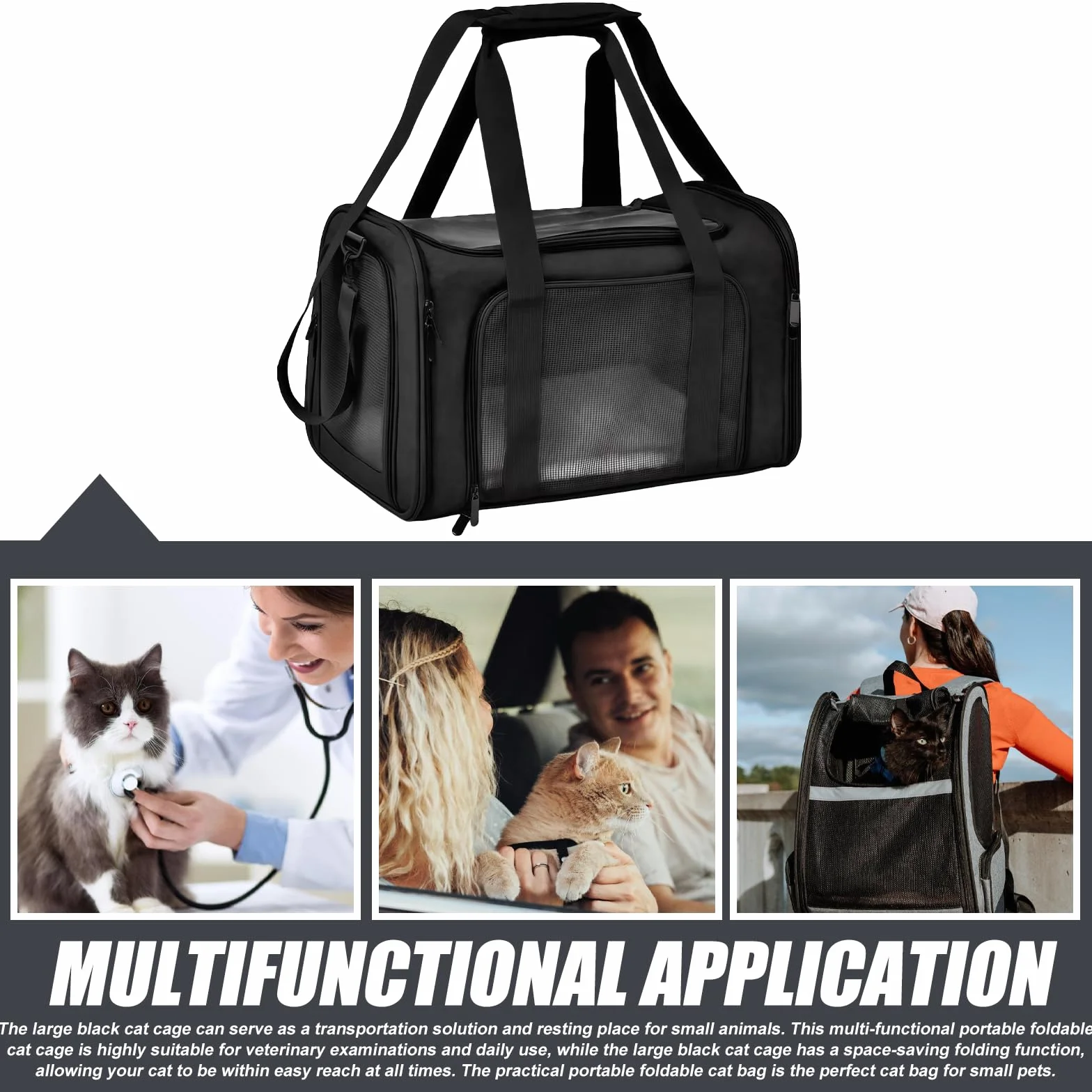 Pliant Sac de Transport pour Chat Noir Portable Voyage Respirant Petit Animal