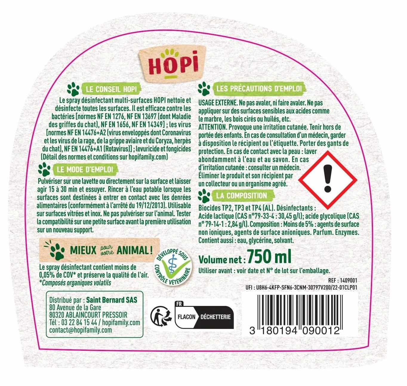 HOPI Spray Désinfectant Multifonctions Nettoie Désinfecte Surfaces Odeur Fraîche Pin Fabriqué France
