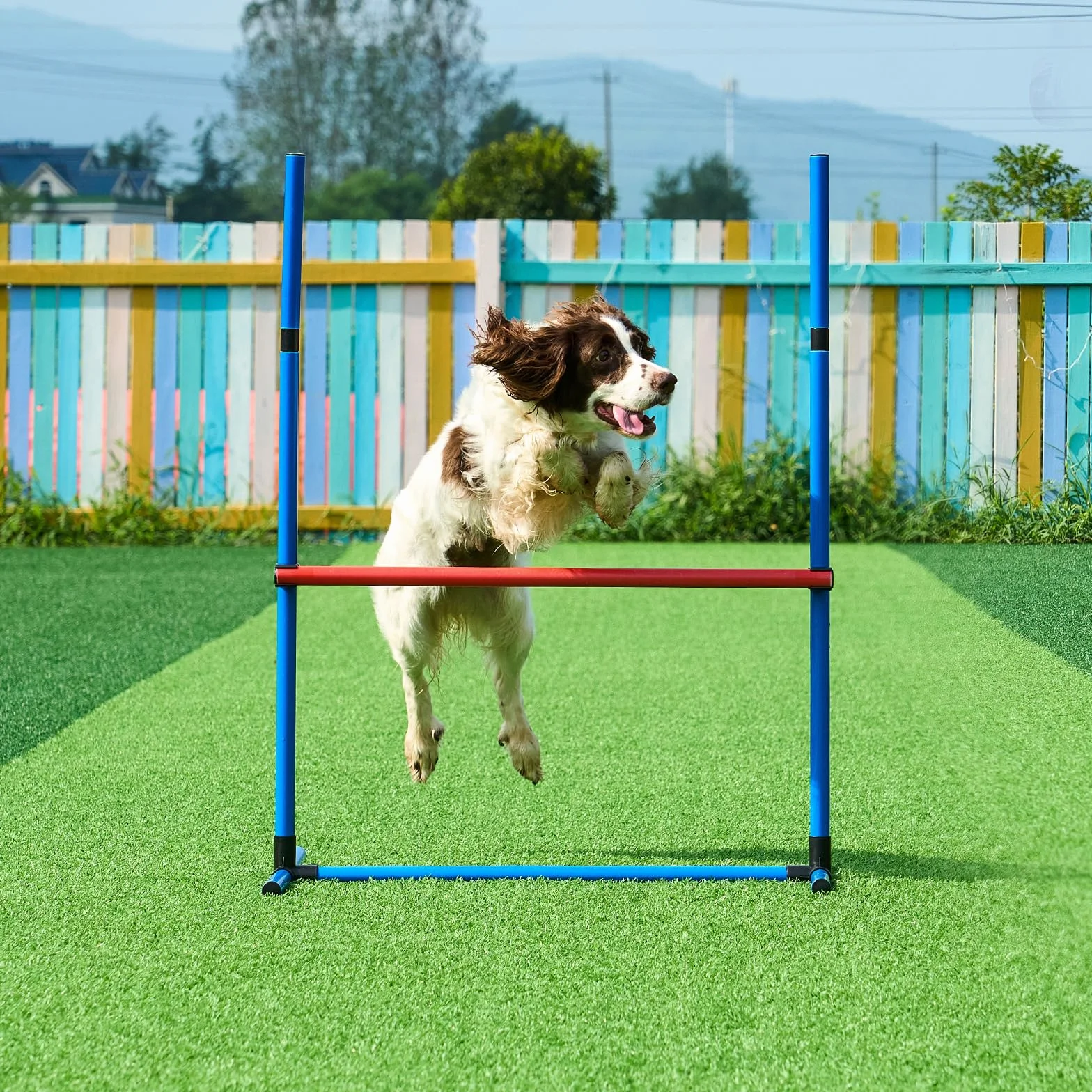 VEVOR Équipements d'Entraînement Agilité pour Chien, Ensemble 5PCS, Parcours Obstacles pour Chiot, avec Haies Hautes Réglables, 6 Poteaux, Tunnel, Anneau de Saut, Boîte de Pause, Sifflet, Bol Pliable