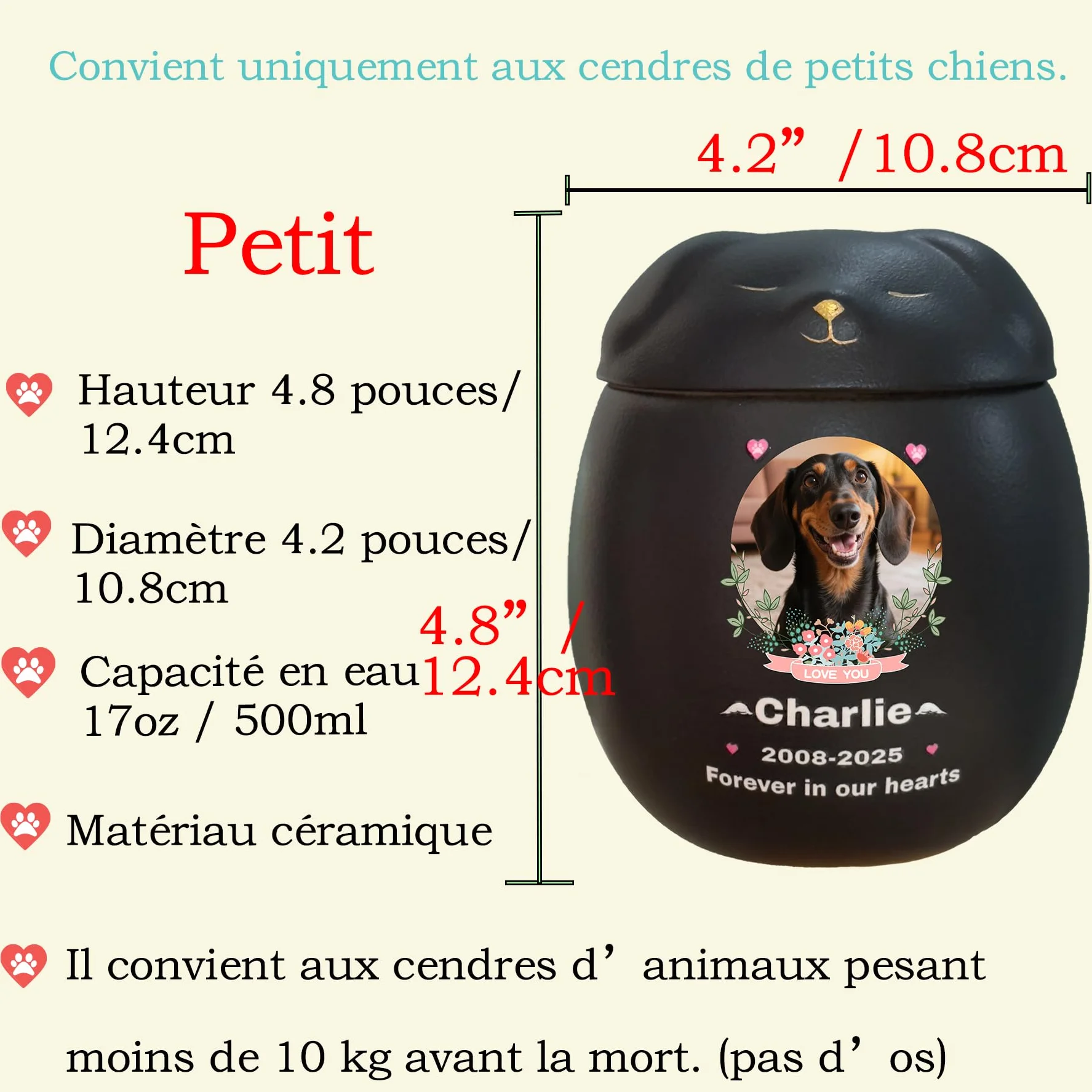 Urne Personnalisée pour Chien en Céramique, Boîte à Souvenirs Fait à la Main, Petit Noir pour Cendres ≤10 kg