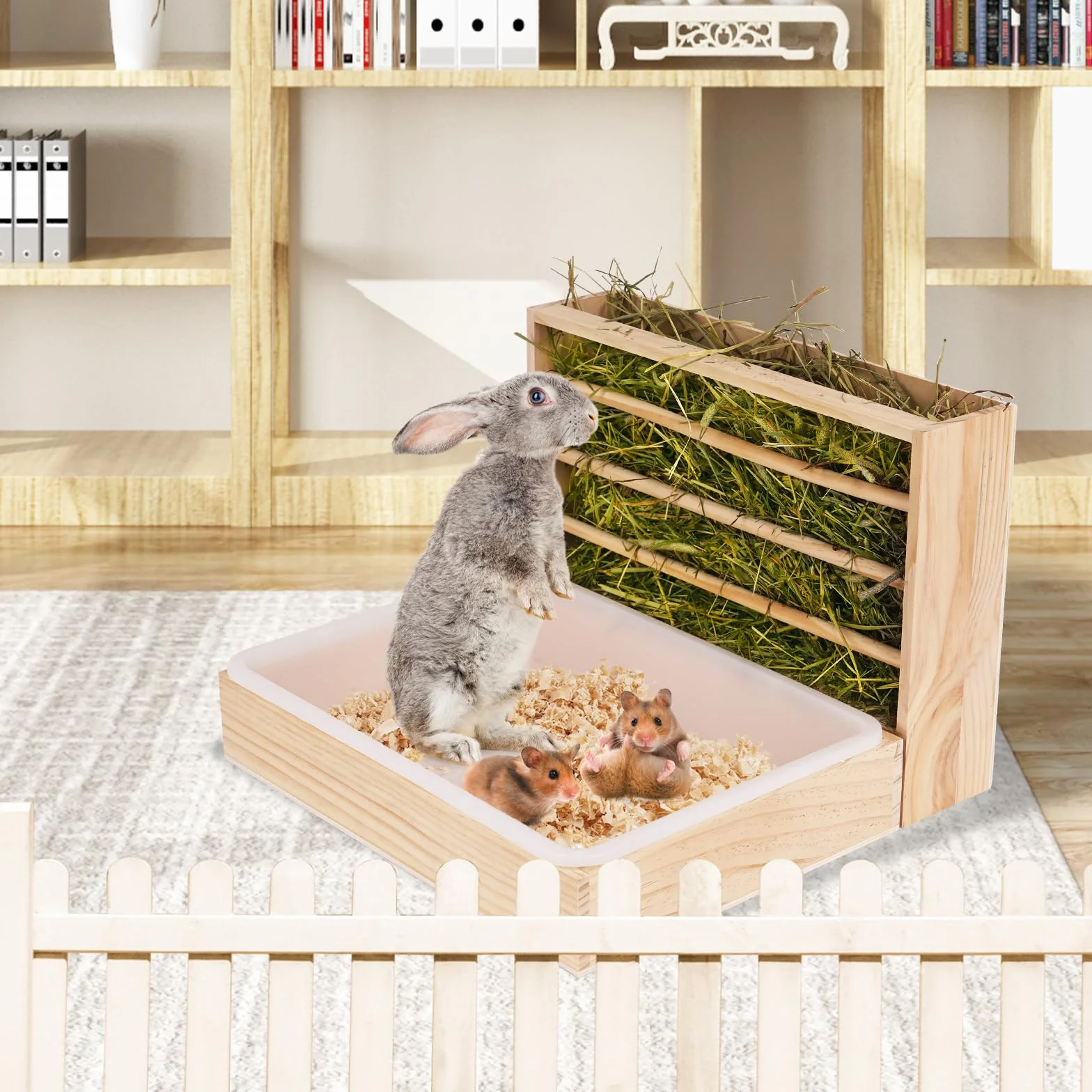 Râtelier à foin 2 en 1 en bois pour hamster avec distributeur automatique et bac à litière
