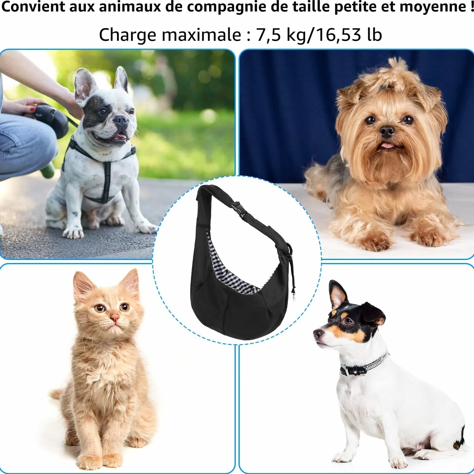 Sac de Transport pour Chien et Chat Bandoulière Réglable Mains Libres jusqu'à 7.5kg