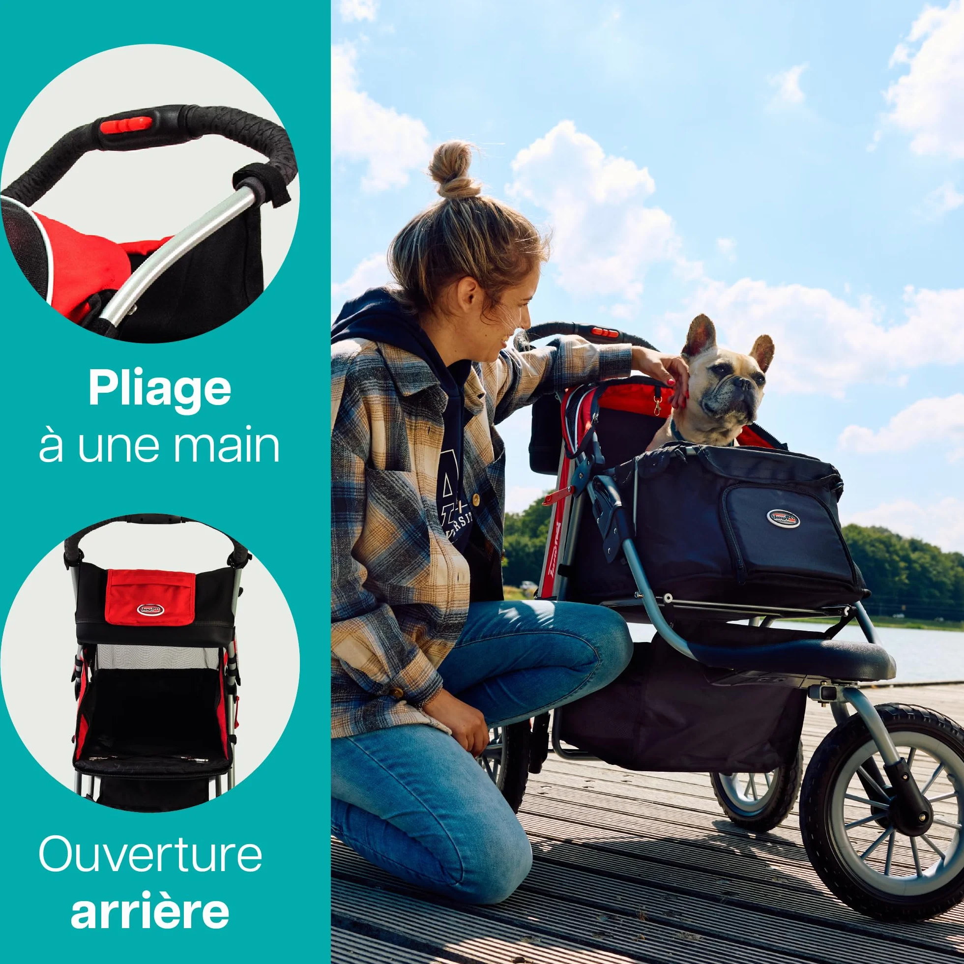 Poussette pour chiens et chats pliable Innopet Comfort Efa Eco Rouge/Noir 25 kg roues anti-crevaison 3 roues