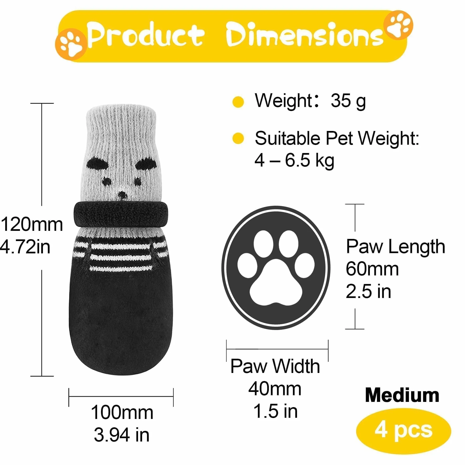 Chaussettes pour Chien Lot de 4 Taille M Antidérapants Velcro Réglable Protection Pattes Petit Chien 4-6 kg Noir