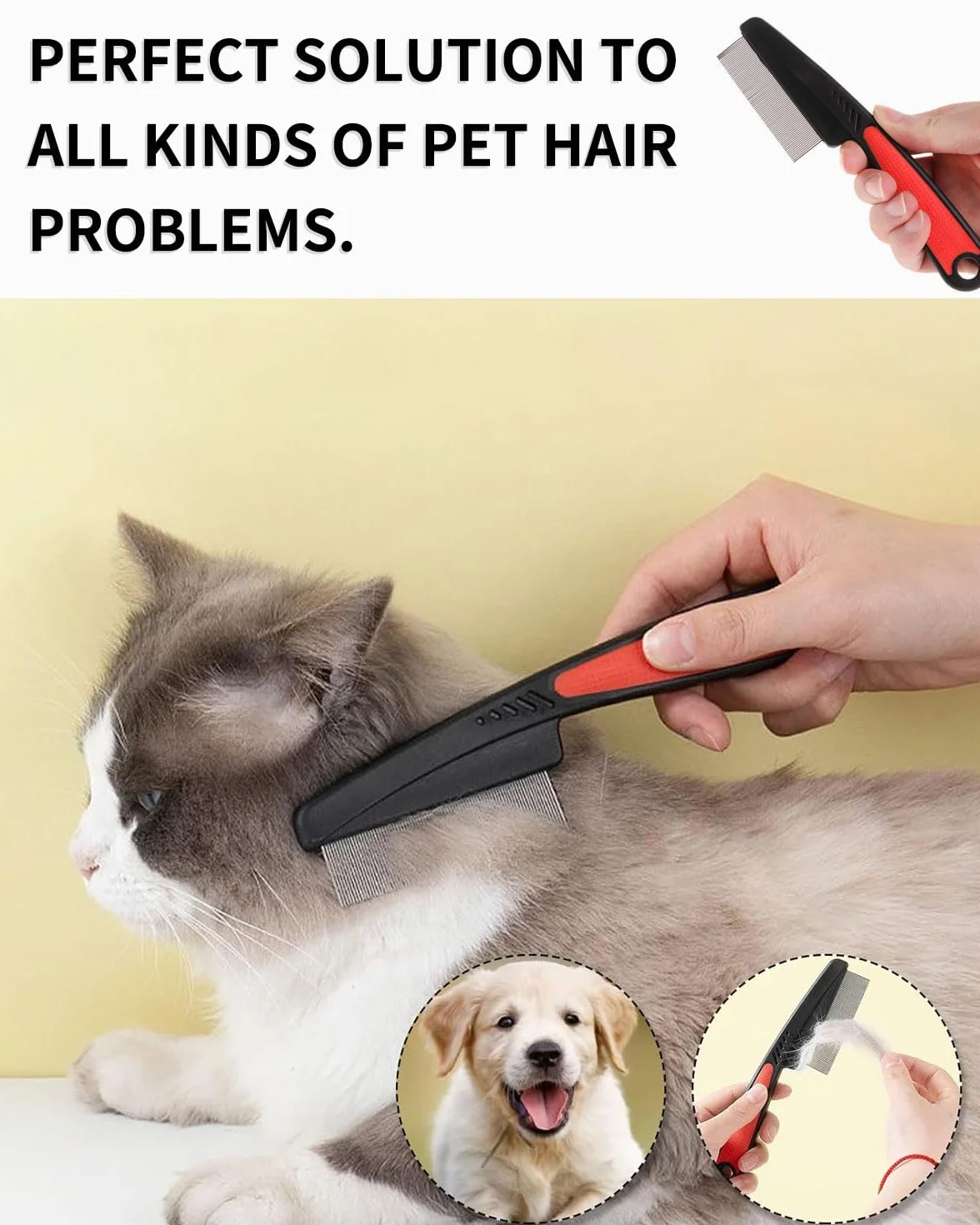 Peignes anti-puces professionnels pour chiens et chats - Lot de 2 - Acier inoxydable - Dents grossières et fines