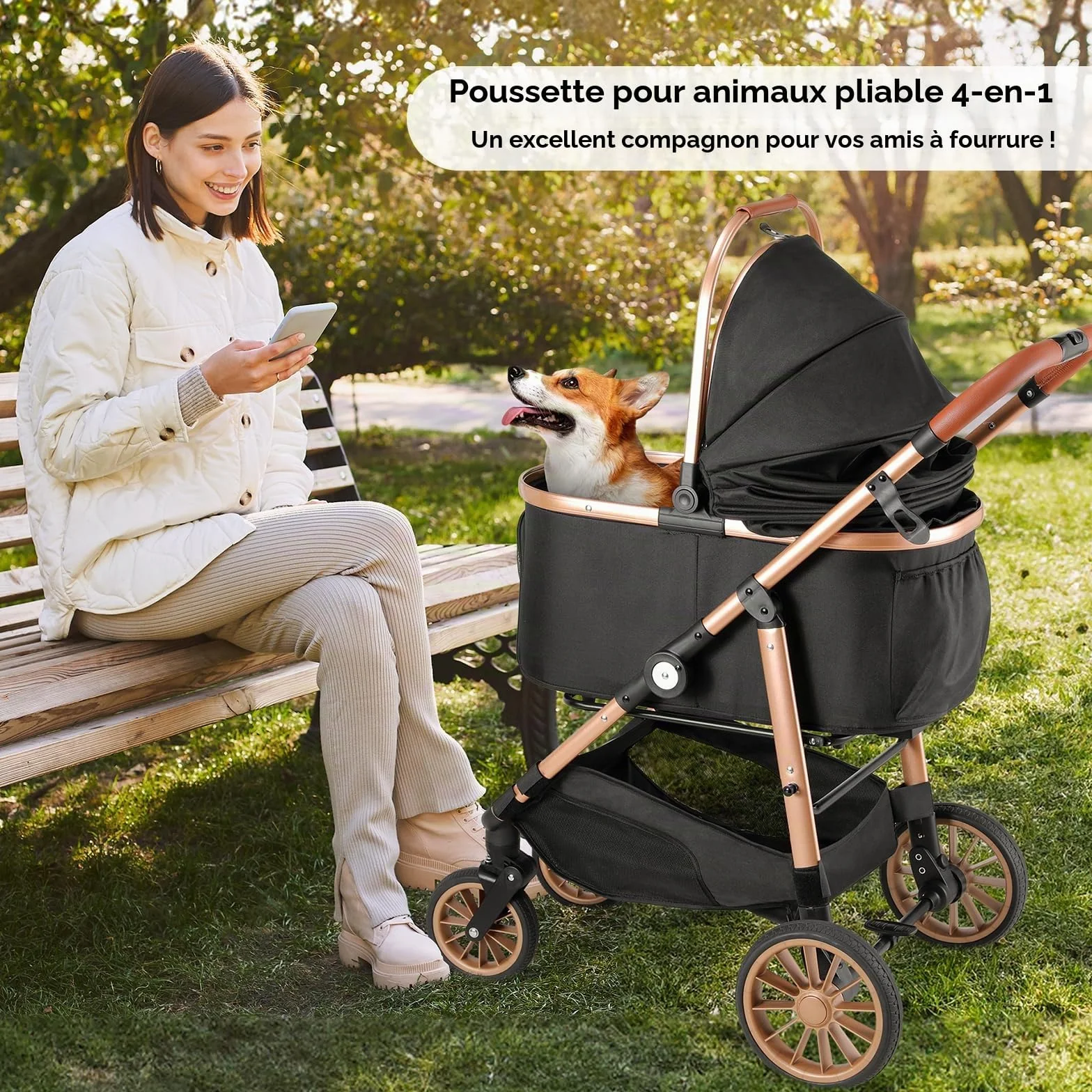 Poussette pour Chien 4 en 1 MAMIZO, Pliable jusqu'à 25 kg, Sac de Transport Pliable, Roues Caoutchouc 360° avec Suspension, Tout Terrain Noir