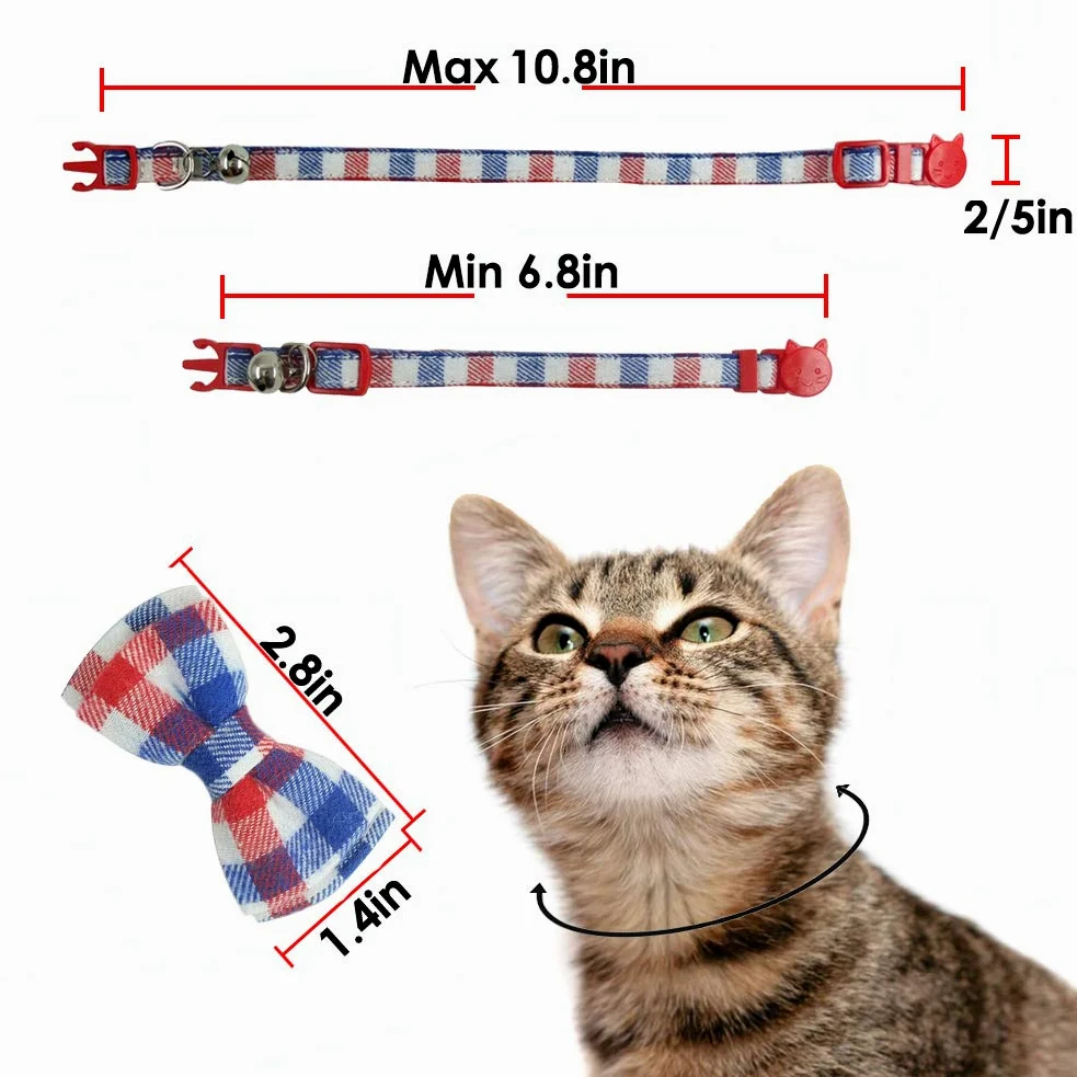 Collier pour chat avec clochette et nœud papillon, motif écossais, collier de sécurité réglable (17 à 27 cm)