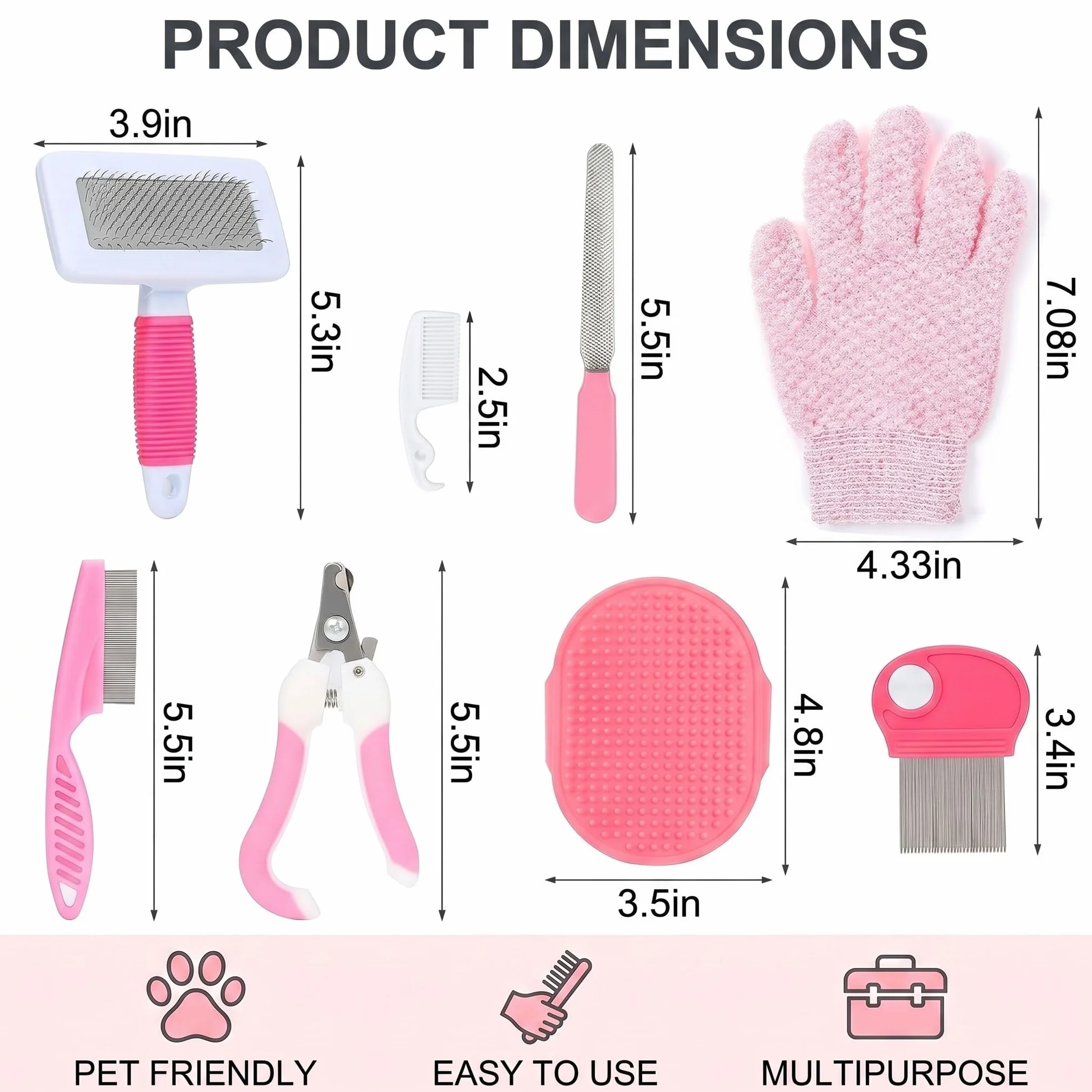 Ensemble de soins pour lapins 8 pièces rose – Accessoires pour lapins avec coupe ongle, lime, peigne anti-puces, brosse lapin, brosse de bain et gant de massage