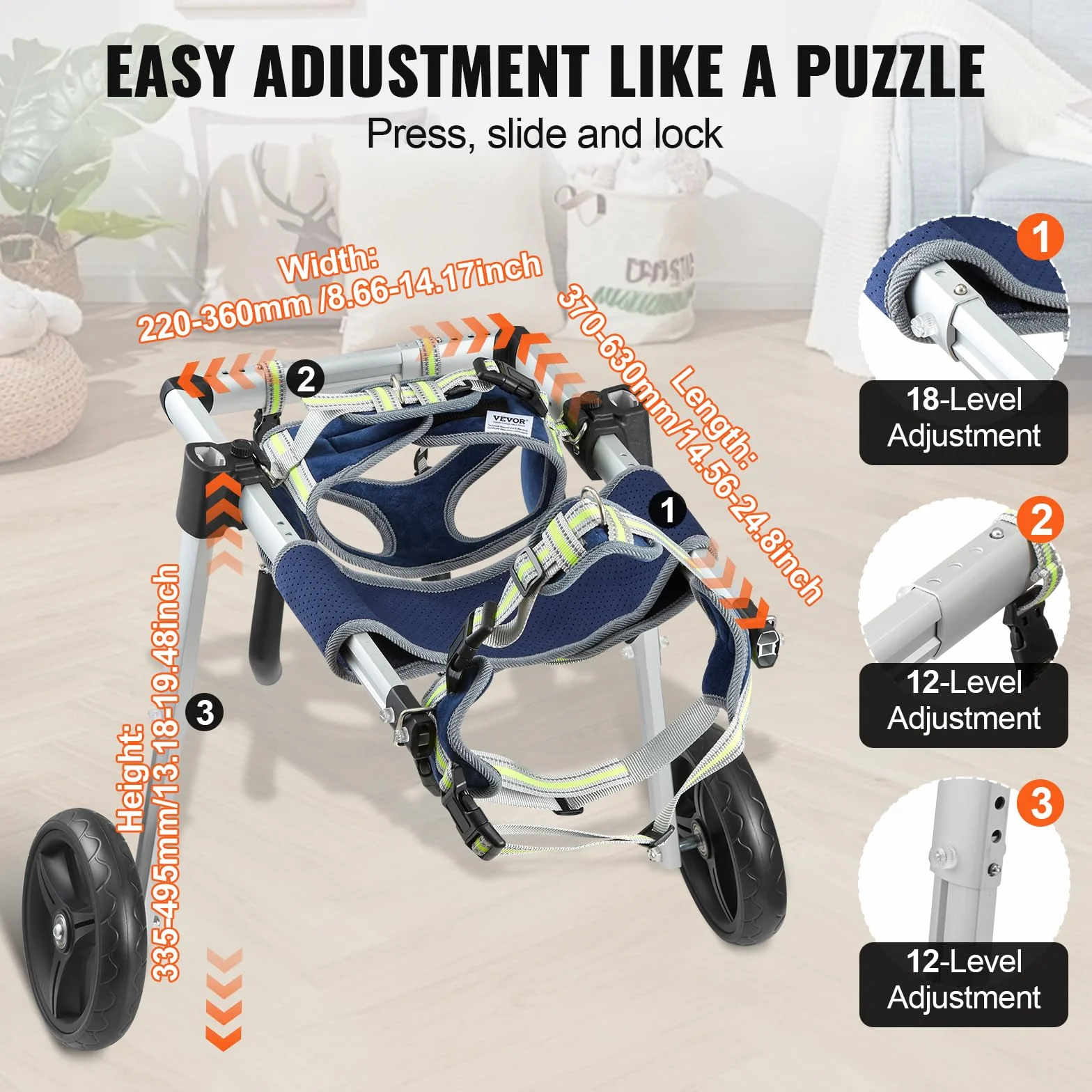 VEVOR Fauteuil Roulant pour Chien 2 Roues, Fauteuil Roulant pour Animaux de Compagnie Léger Réglable pour Guérison Membres Postérieurs