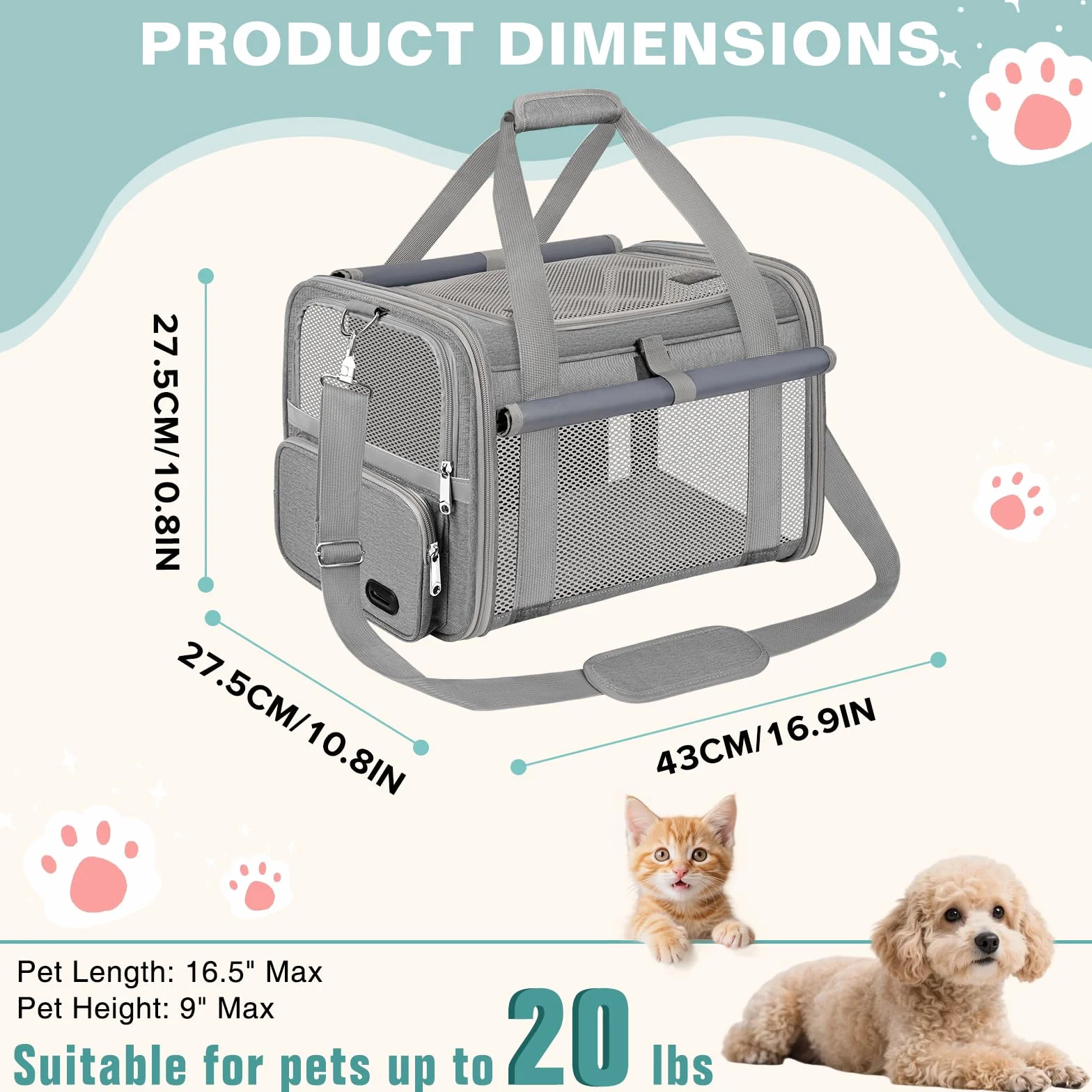Sac Transport Chat Approuvé Aviation Sac Transport Chien Respirant et Pliable Caisse de Transport Chat avec Bandoulière Réglable Portable Cage Transport Chat avec Tapis Réversible (Gris)