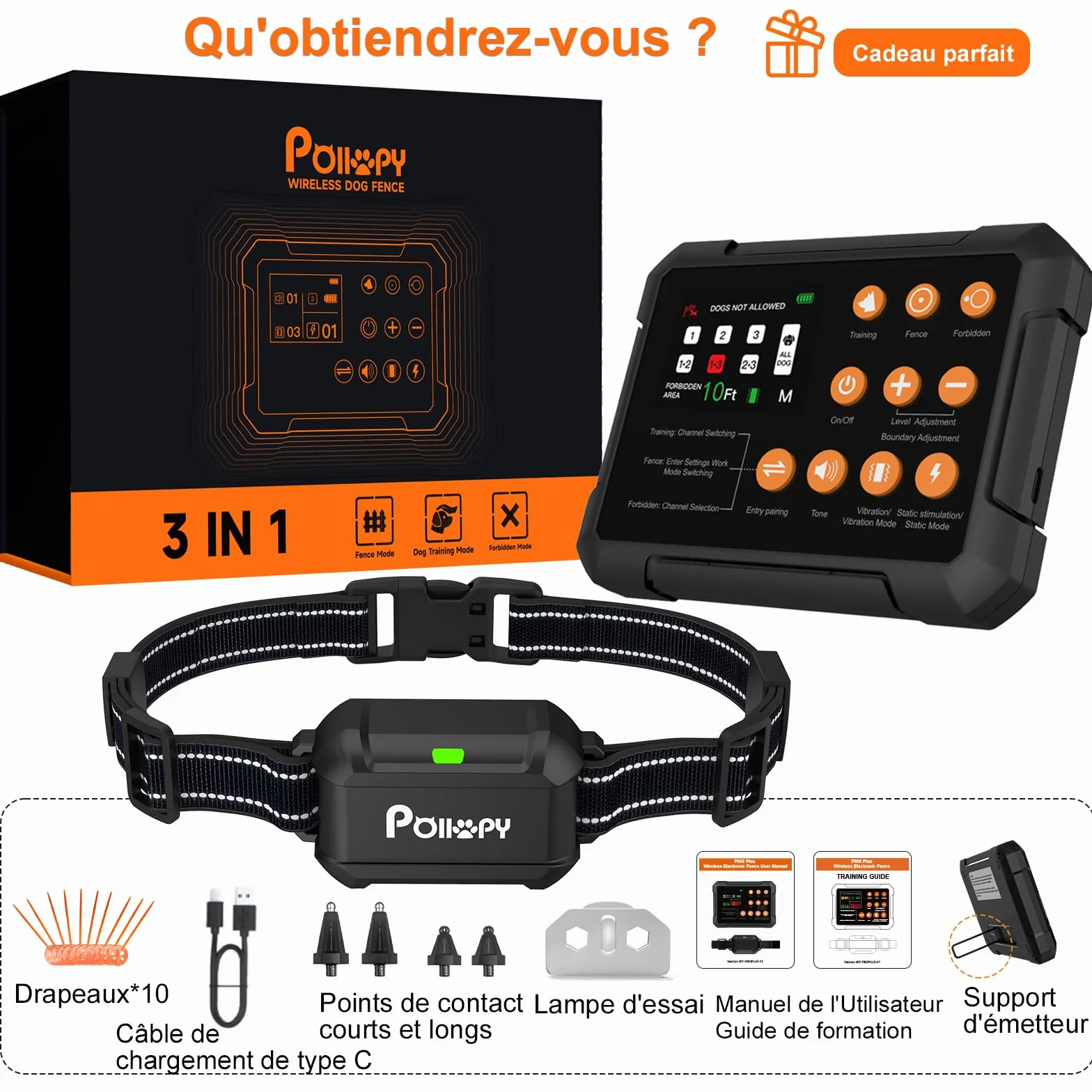 Système de Clôture Sans fil Pour Chien 3 en 1 Anti Fugue avec Zone Interdite et Collier Dressage Intérieur Extérieur